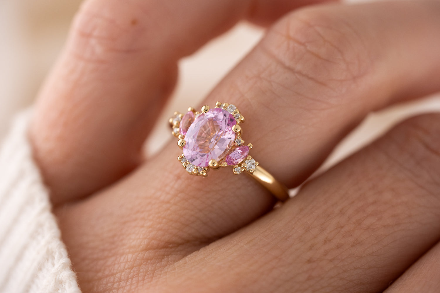 The Naevia Ring | 1.8 CT Oval Light Pink Sapphire + Light Pink Sapphire Accents - Lavender Creek Gems