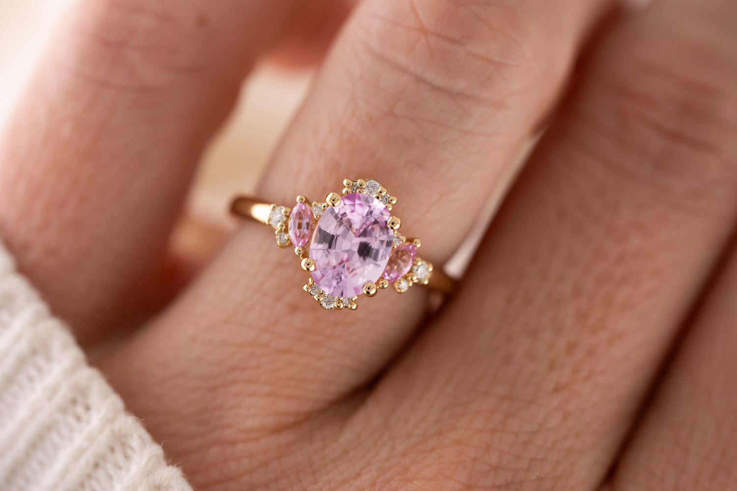 The Naevia Ring | 1.8 CT Oval Light Pink Sapphire + Light Pink Sapphire Accents - Lavender Creek Gems