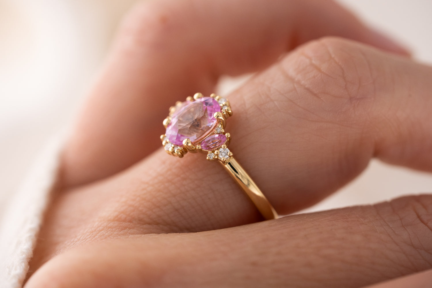 The Naevia Ring | 1.8 CT Oval Light Pink Sapphire + Light Pink Sapphire Accents - Lavender Creek Gems