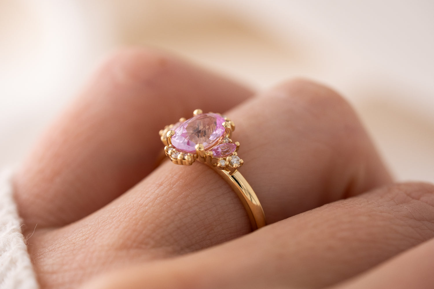 The Naevia Ring | 1.8 CT Oval Light Pink Sapphire + Light Pink Sapphire Accents - Lavender Creek Gems