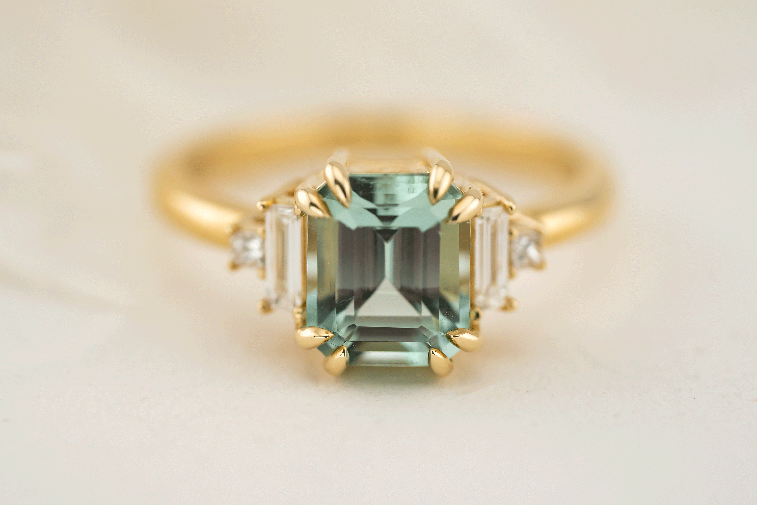 The Mira Ring | 2.09 CT Emerald Cut Seafoam Blue Tourmaline - Lavender Creek Gems