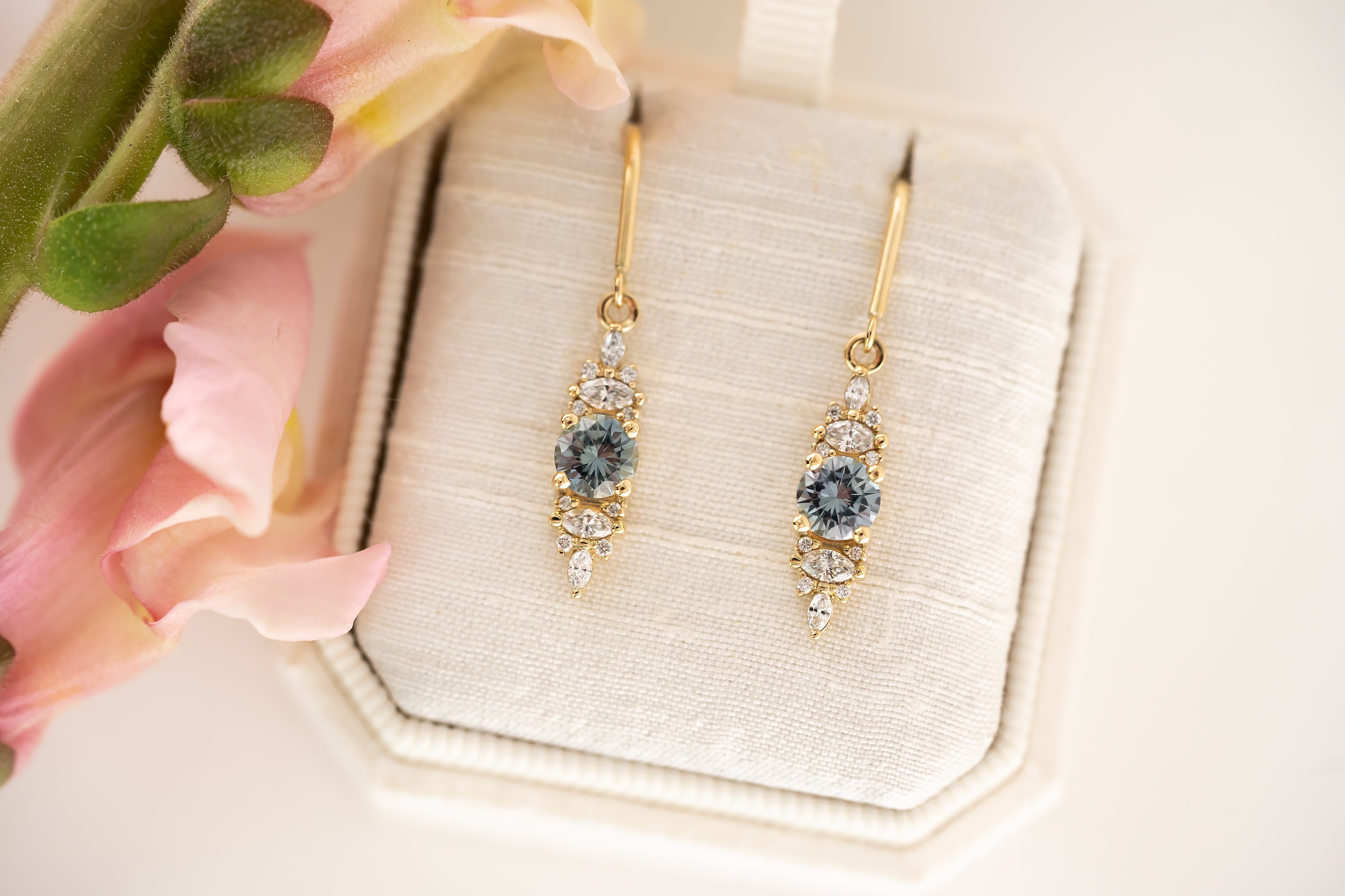 The Maeve Dangle Earrings | Round Light Blue Montana Sapphire - Lavender Creek Gems