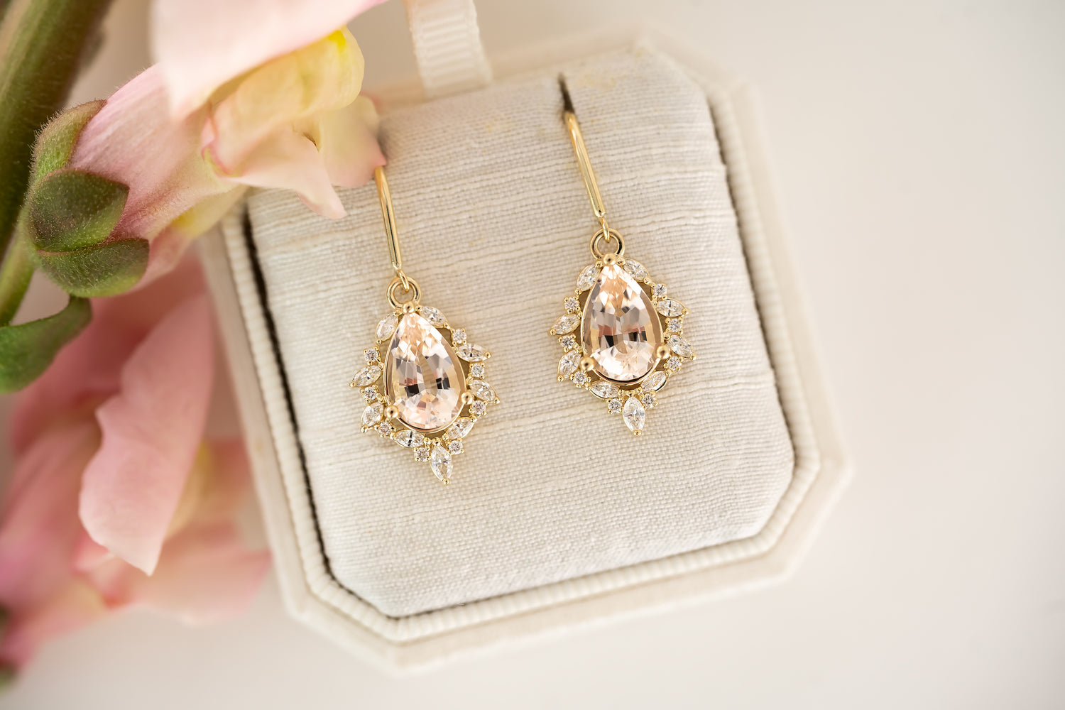 The Laurel Dangle Earrings | Pear Morganite - Lavender Creek Gems