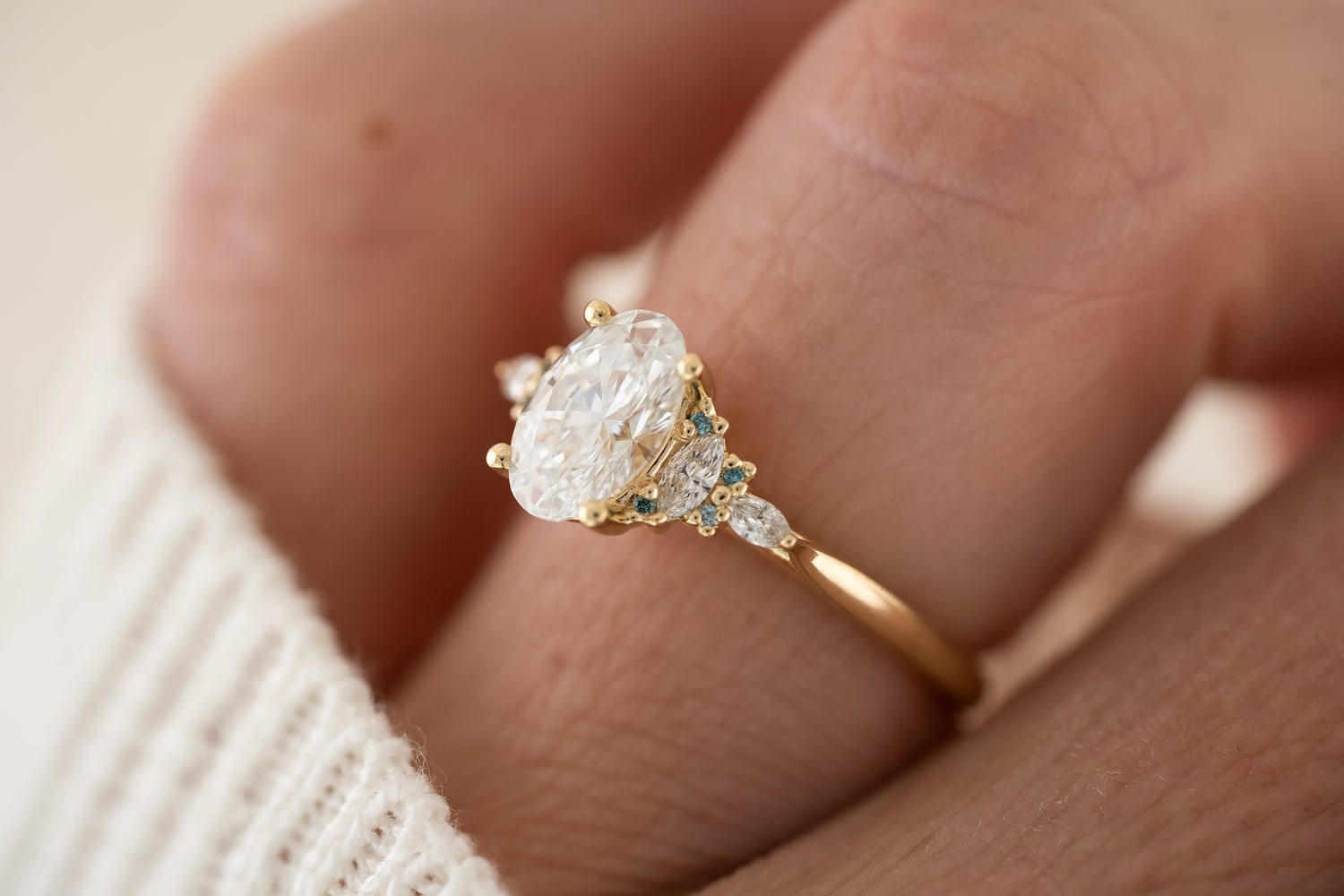 The Maeve Ring | Oval Diamond + Round Blue Diamond Accents - Lavender Creek Gems