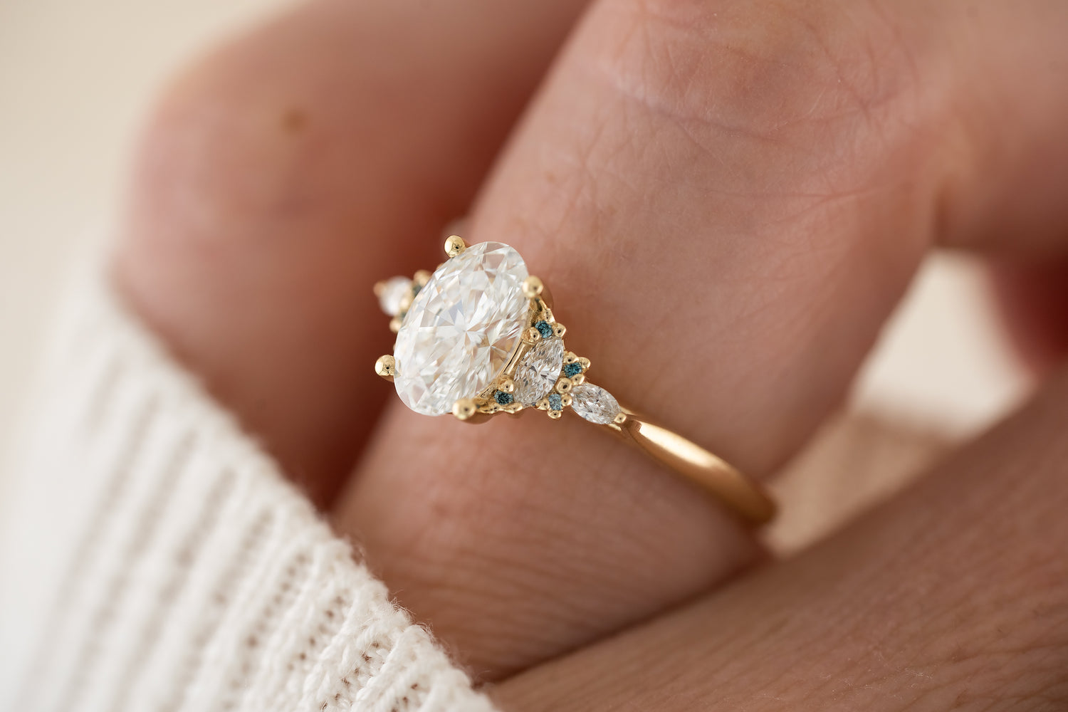 The Maeve Ring | Oval Diamond + Round Blue Diamond Accents - Lavender Creek Gems
