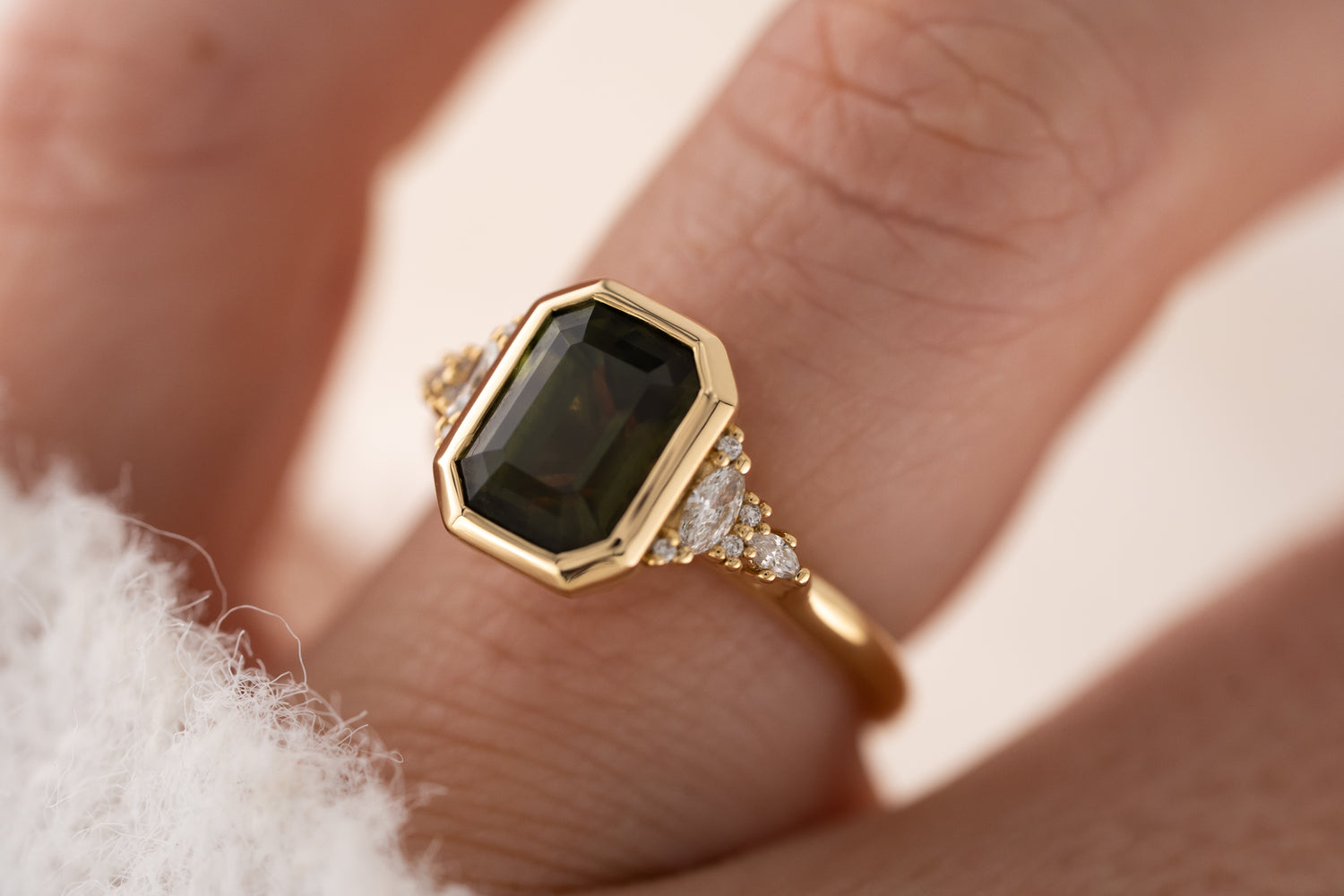 The Bezel Maeve Ring | 3.55 CT Emerald Cut Green Sapphire