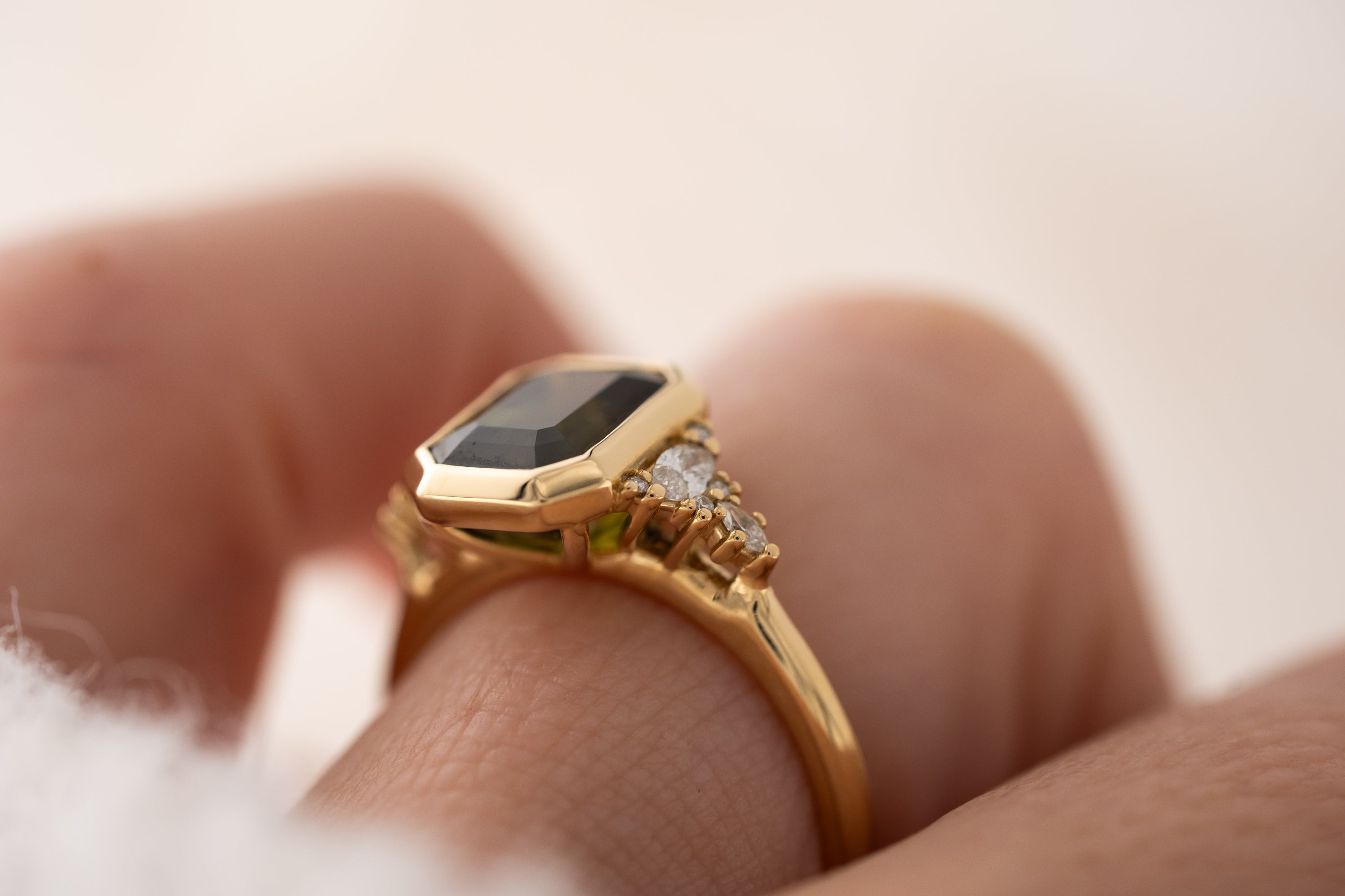 The Bezel Maeve Ring | 3.55 CT Emerald Cut Green Sapphire