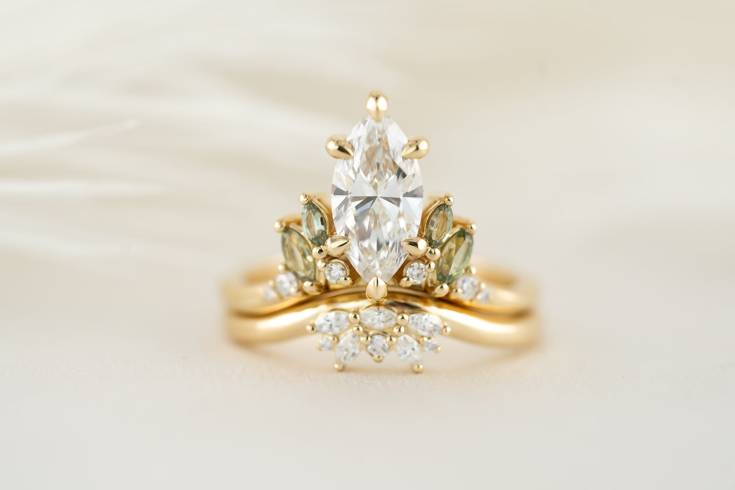 The Seraphine Set - 1.28 CT Marquise Diamond + Green Sapphire - Lavender Creek Gems