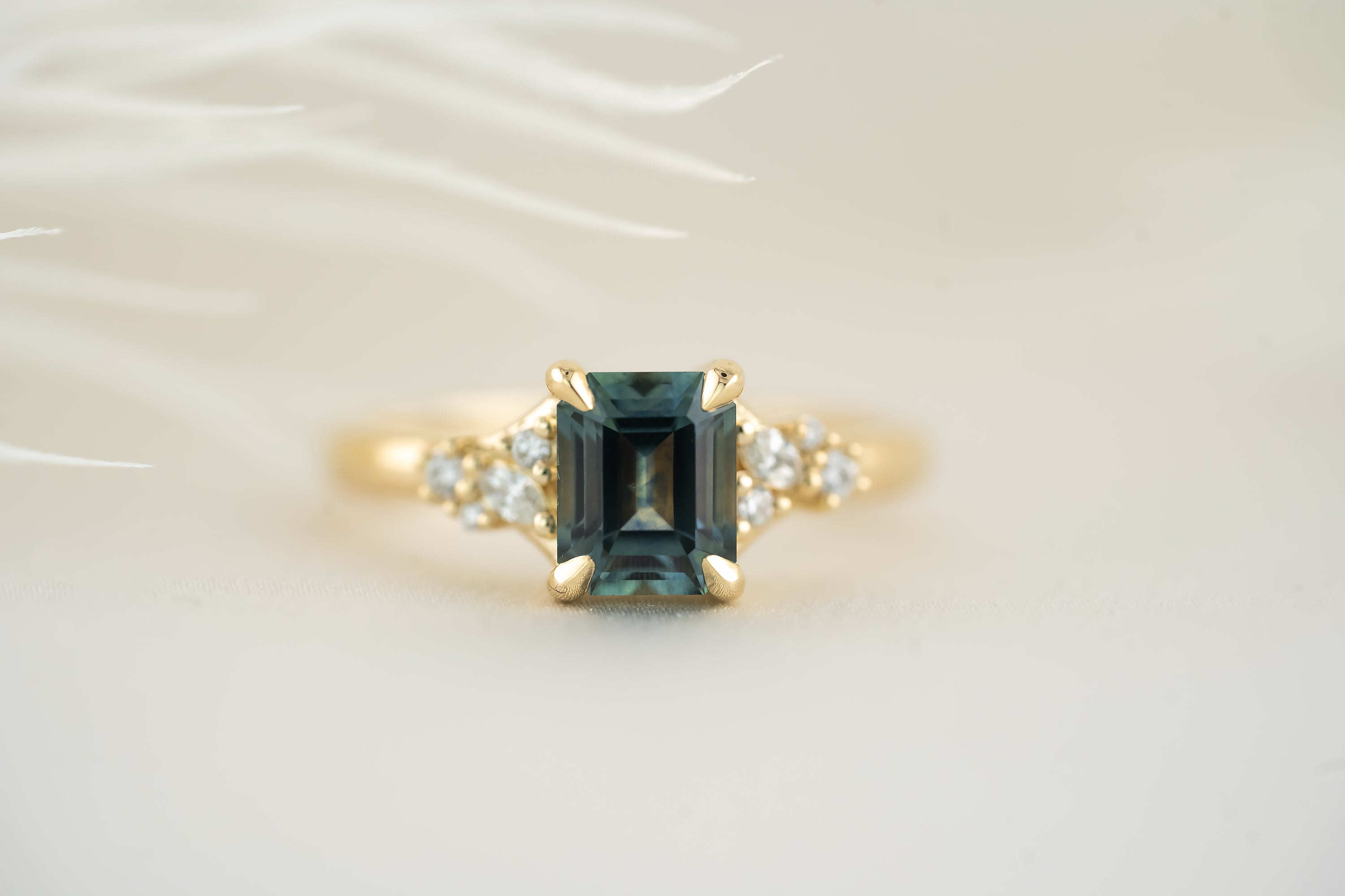 The Lyria Ring - 1.61 CT Teal Emerald Cut Montana Sapphire - Lavender Creek Gems