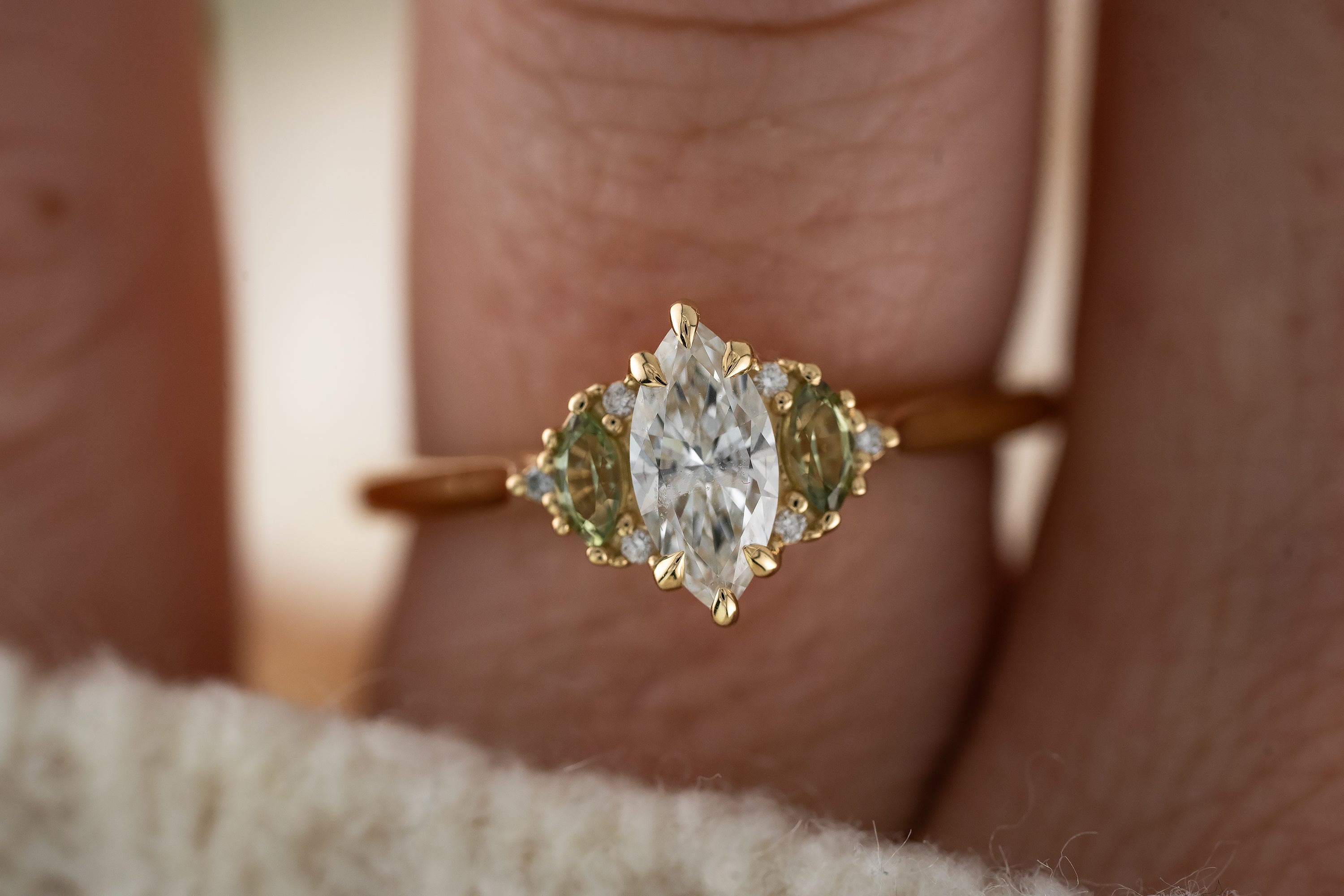 The Maren Ring | Marquise Diamond + Green Sapphire - Lavender Creek Gems