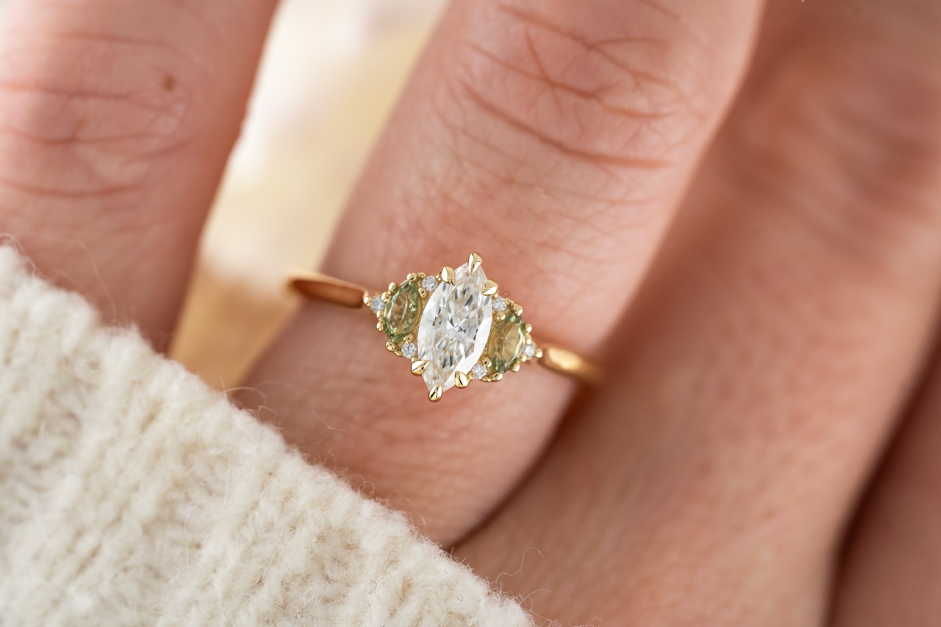 The Maren Ring | Marquise Diamond + Green Sapphire - Lavender Creek Gems
