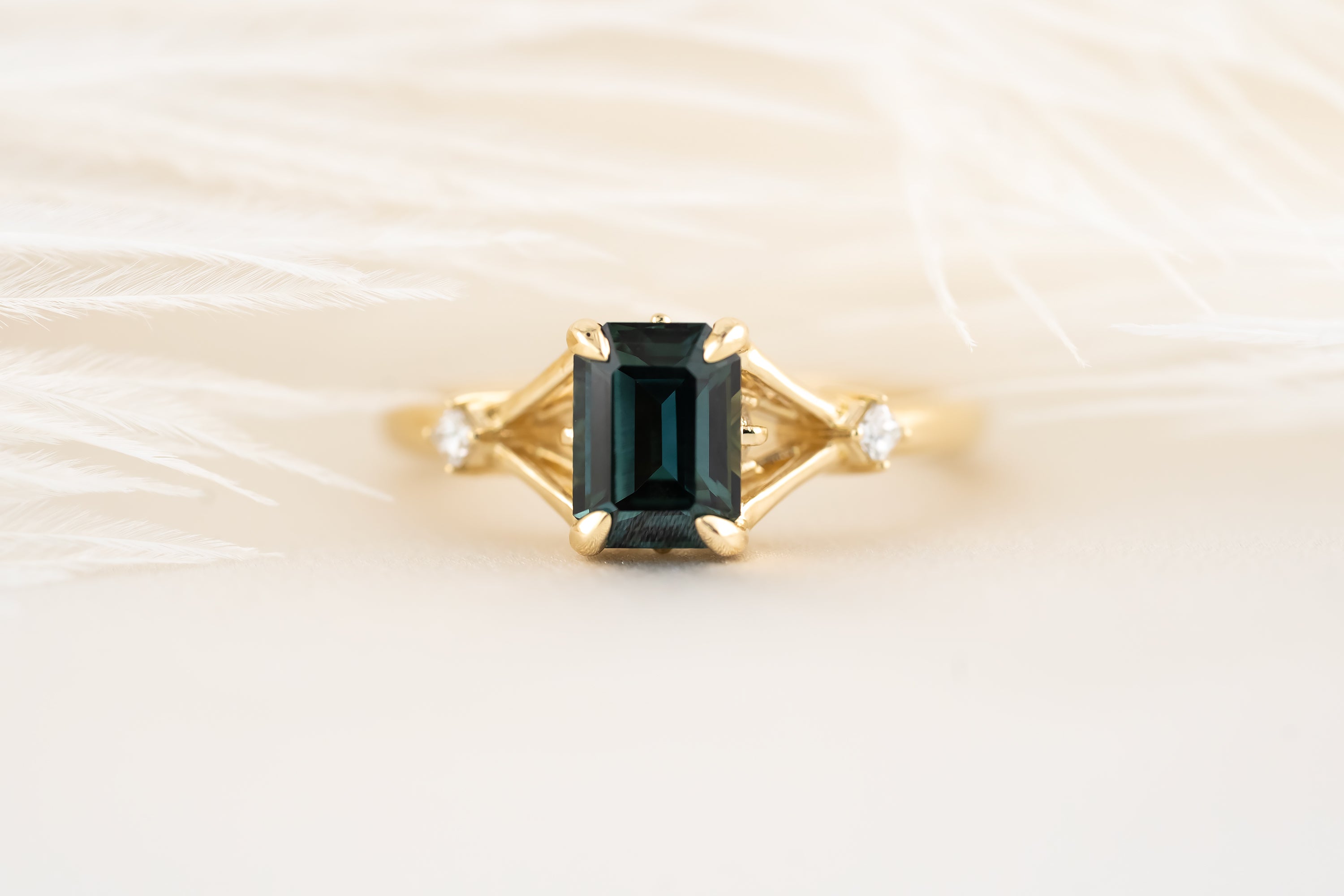 The Luthien Ring - 1.64 CT Emerald Cut Teal Sapphire - Lavender Creek Gems