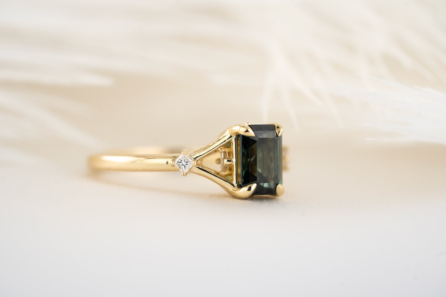 The Luthien Ring - 1.64 CT Emerald Cut Teal Sapphire - Lavender Creek Gems