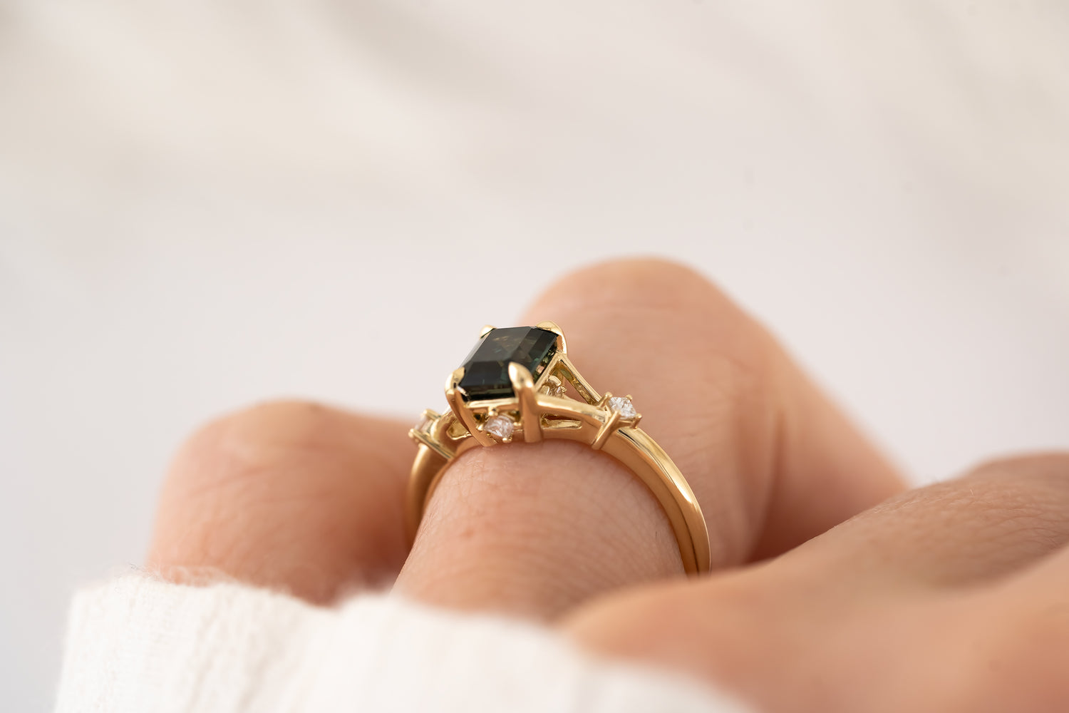 The Luthien Ring - 1.64 CT Emerald Cut Teal Sapphire - Lavender Creek Gems