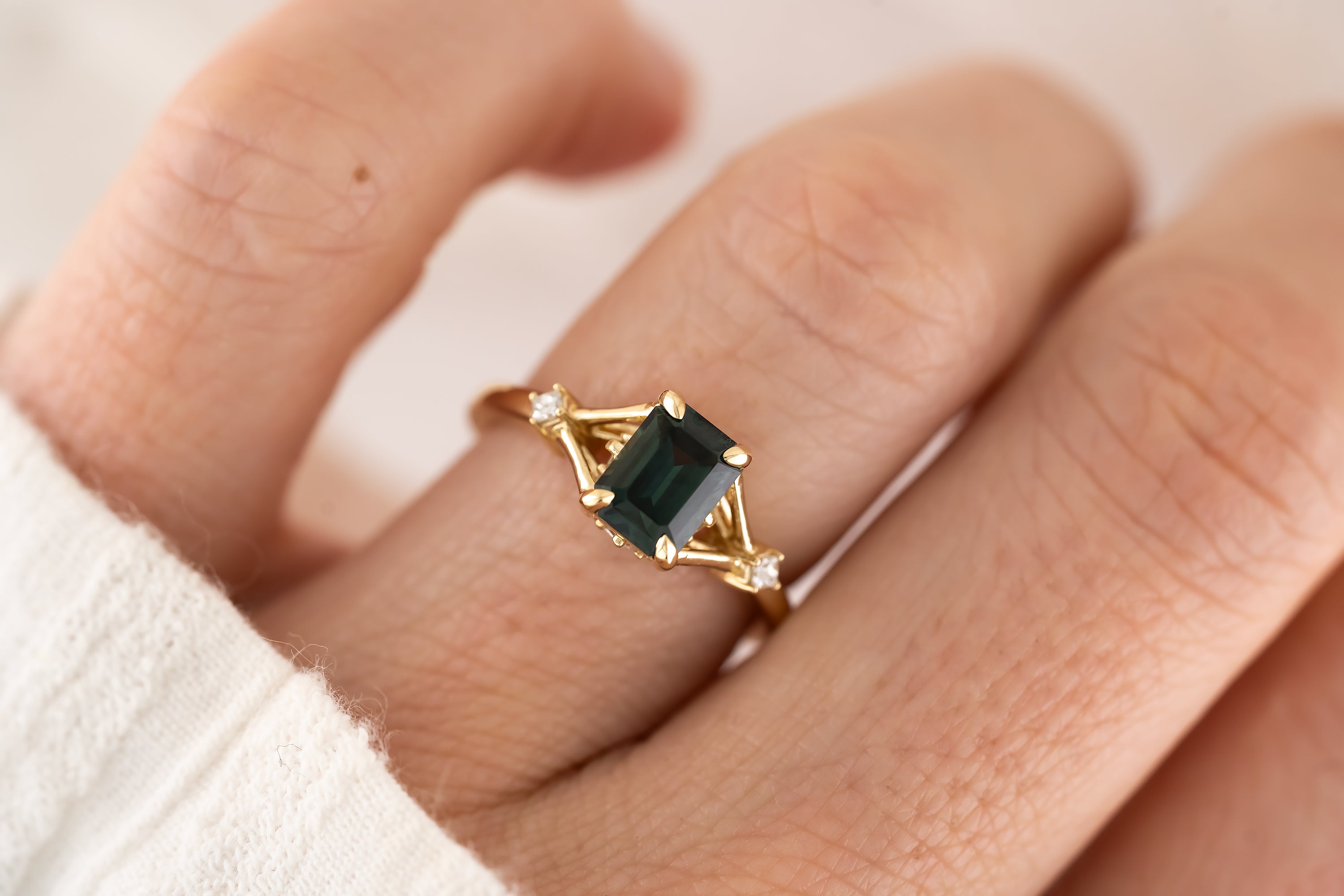The Luthien Ring - 1.64 CT Emerald Cut Teal Sapphire - Lavender Creek Gems