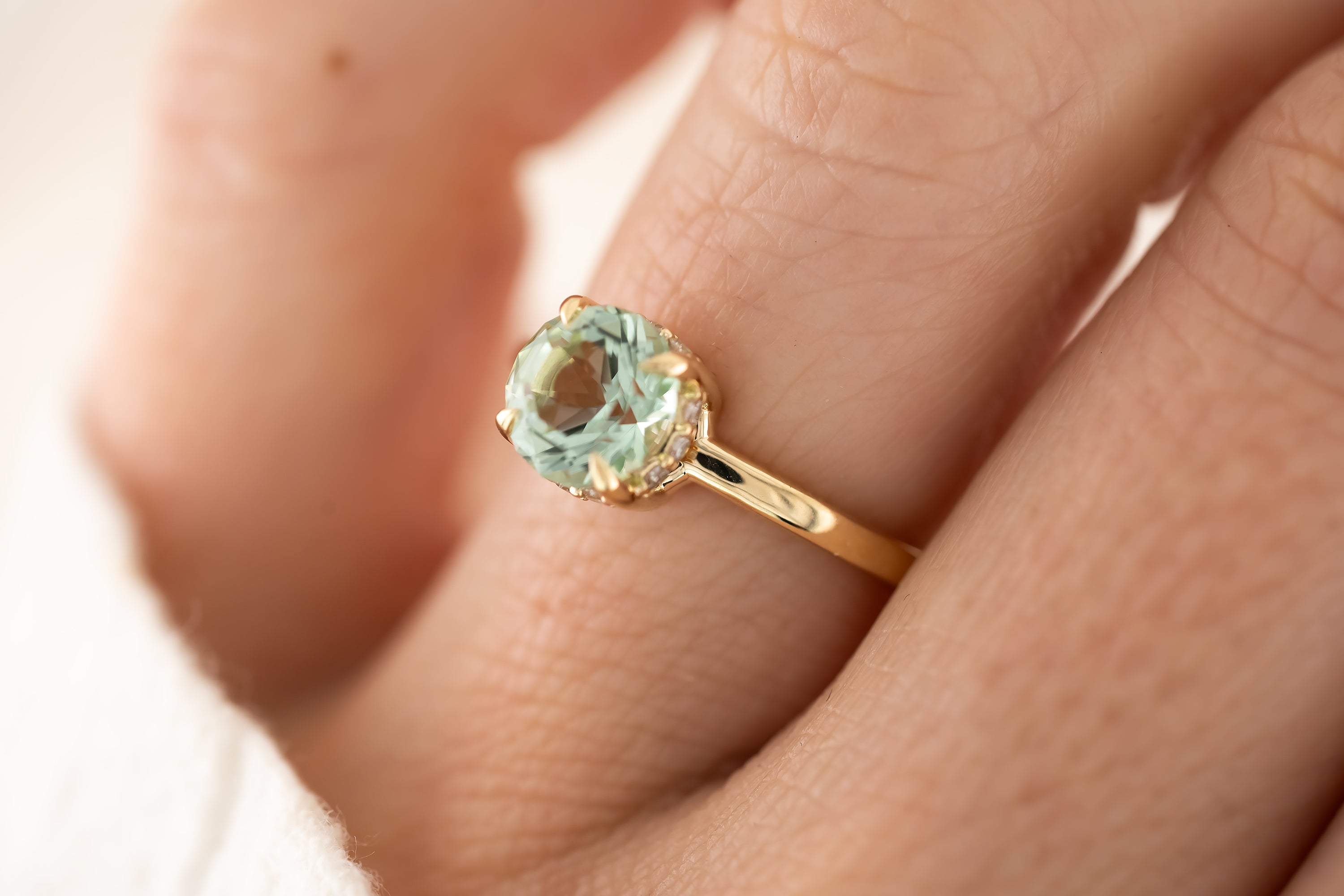 The Hidden Halo Ring - 1.7 CT Round Seafoam Tourmaline - Lavender Creek Gems