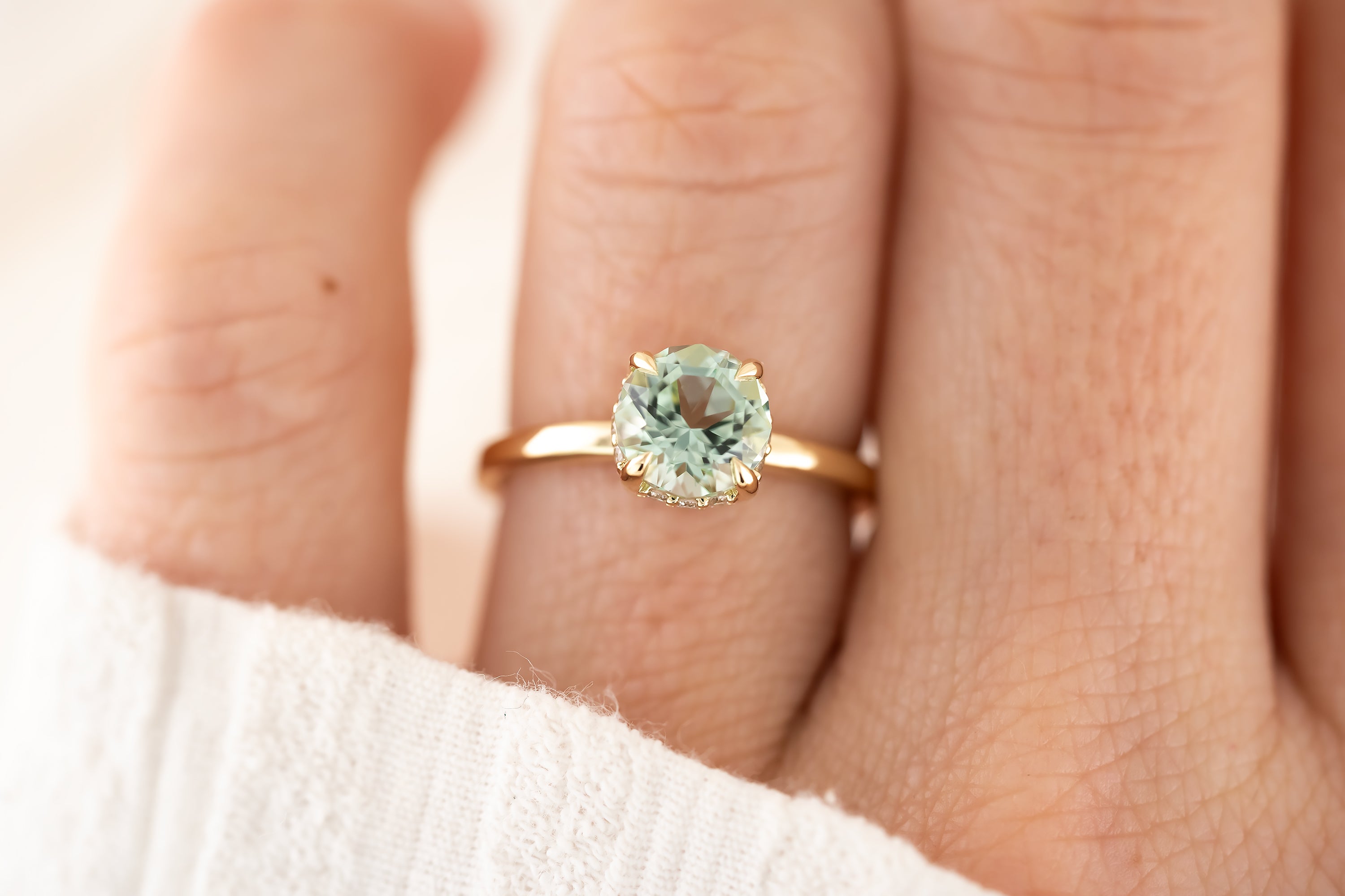 The Hidden Halo Ring - 1.7 CT Round Seafoam Tourmaline - Lavender Creek Gems