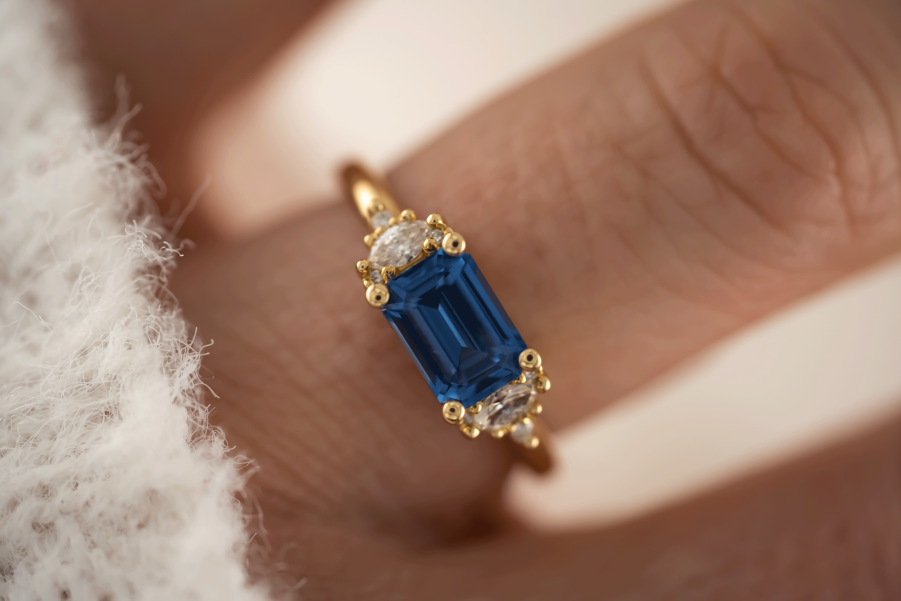 The Low Maren Ring | 1.6 CT Emerald Cut Blue Sapphire - east/west - Lavender Creek Gems