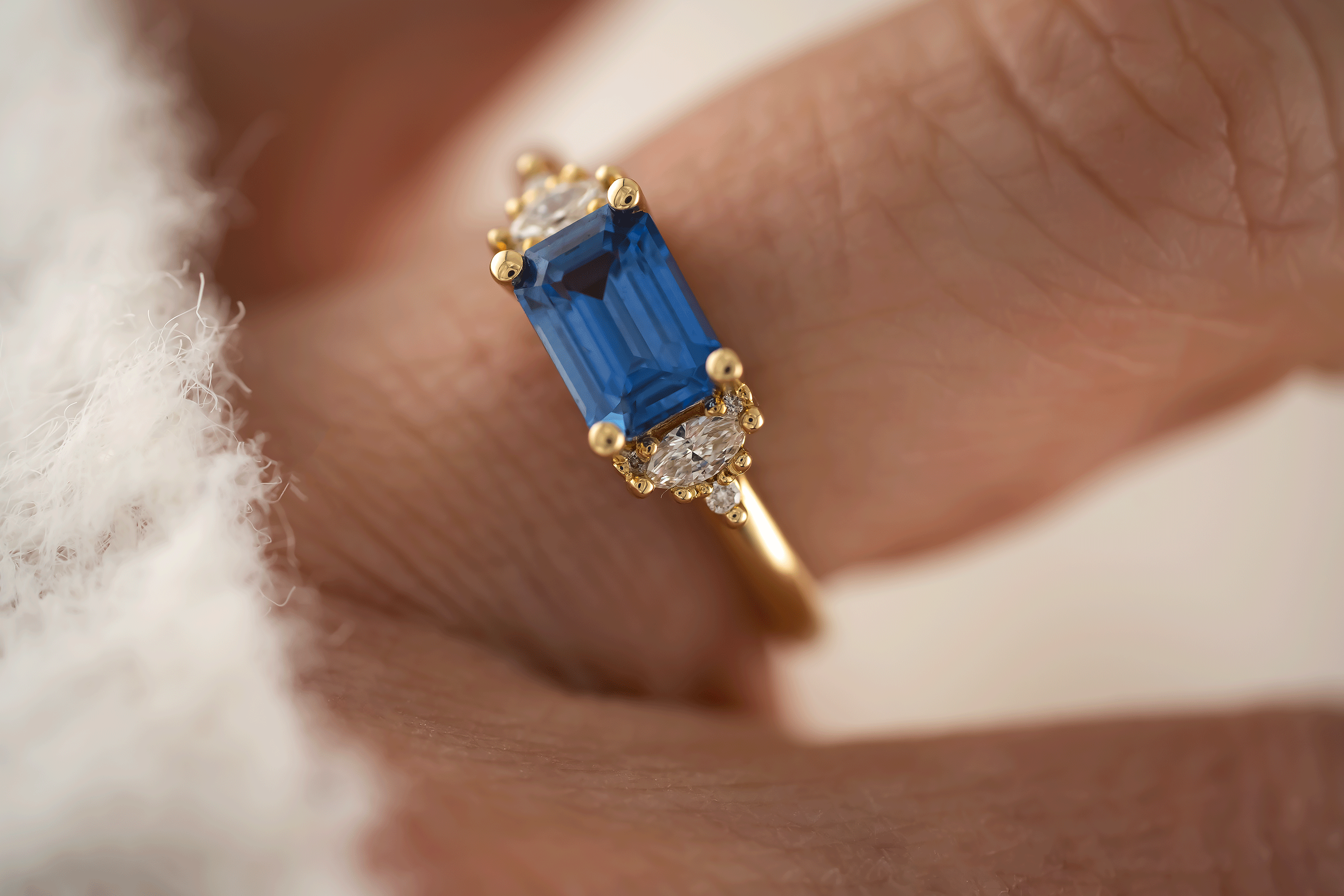 The Low Maren Ring | 1.6 CT Emerald Cut Blue Sapphire - east/west - Lavender Creek Gems