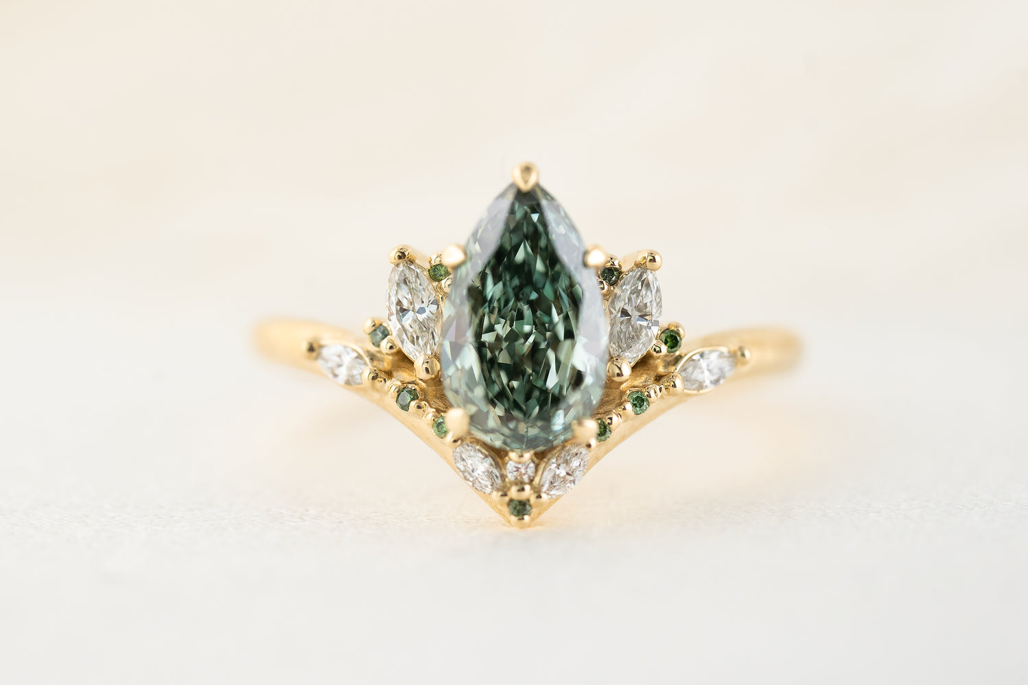 The Aurora Ring | 1.8 CT Pear Green Diamond - Lavender Creek Gems