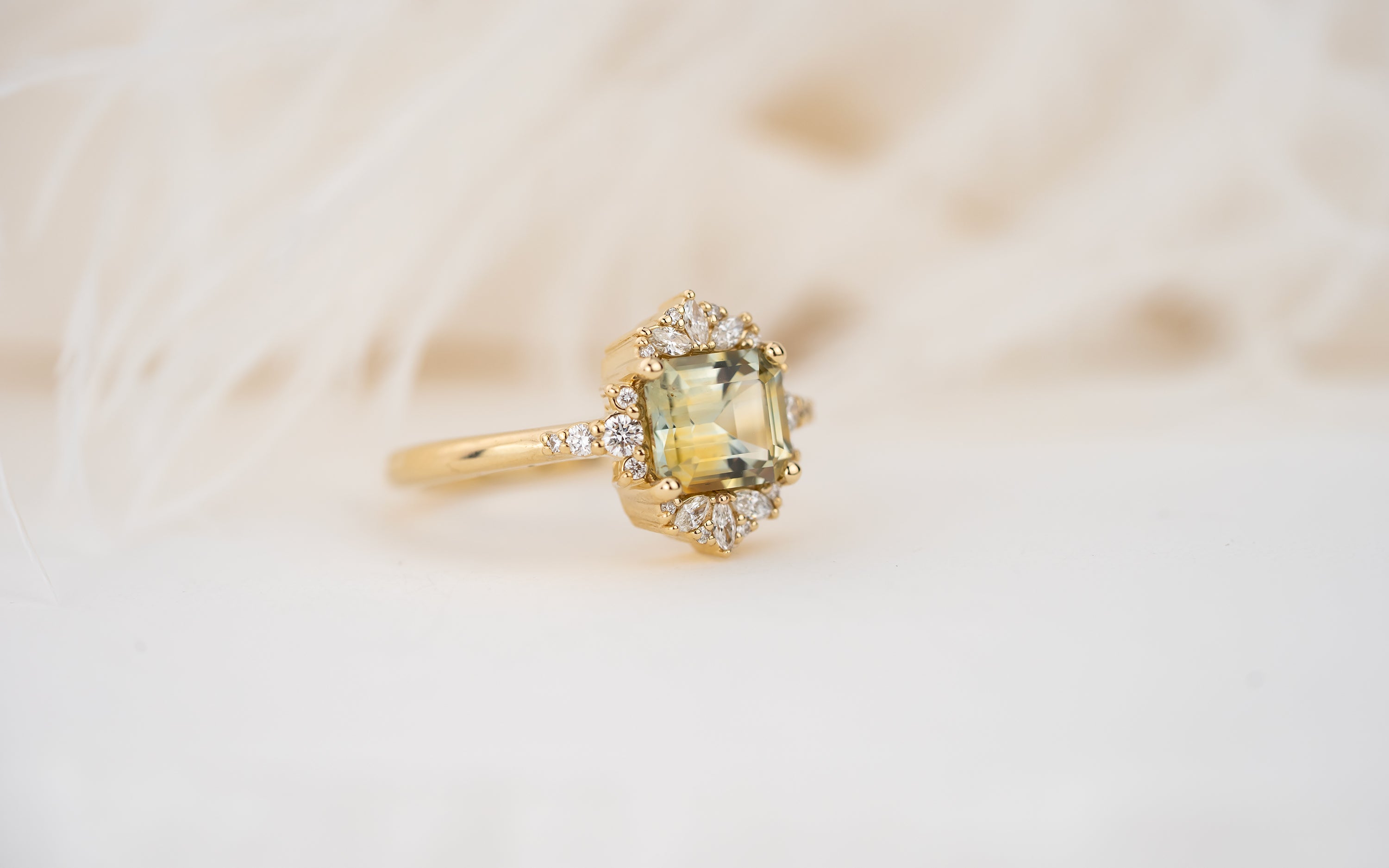 The Comtesse Ring | 2.04 CT Emerald Cut Green Bicolor Montana Sapphire