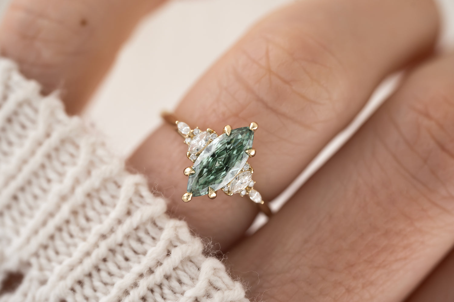 The Maeve Ring - 1.23 CT Marquise Teal Green Lab Diamond - Lavender Creek Gems