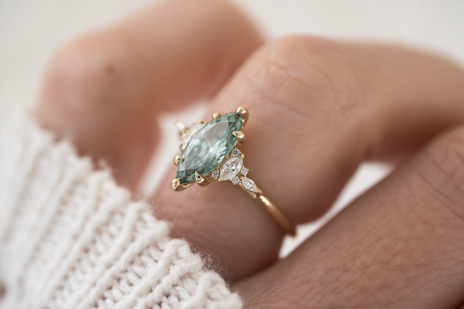 The Maeve Ring - 1.23 CT Marquise Teal Green Lab Diamond - Lavender Creek Gems