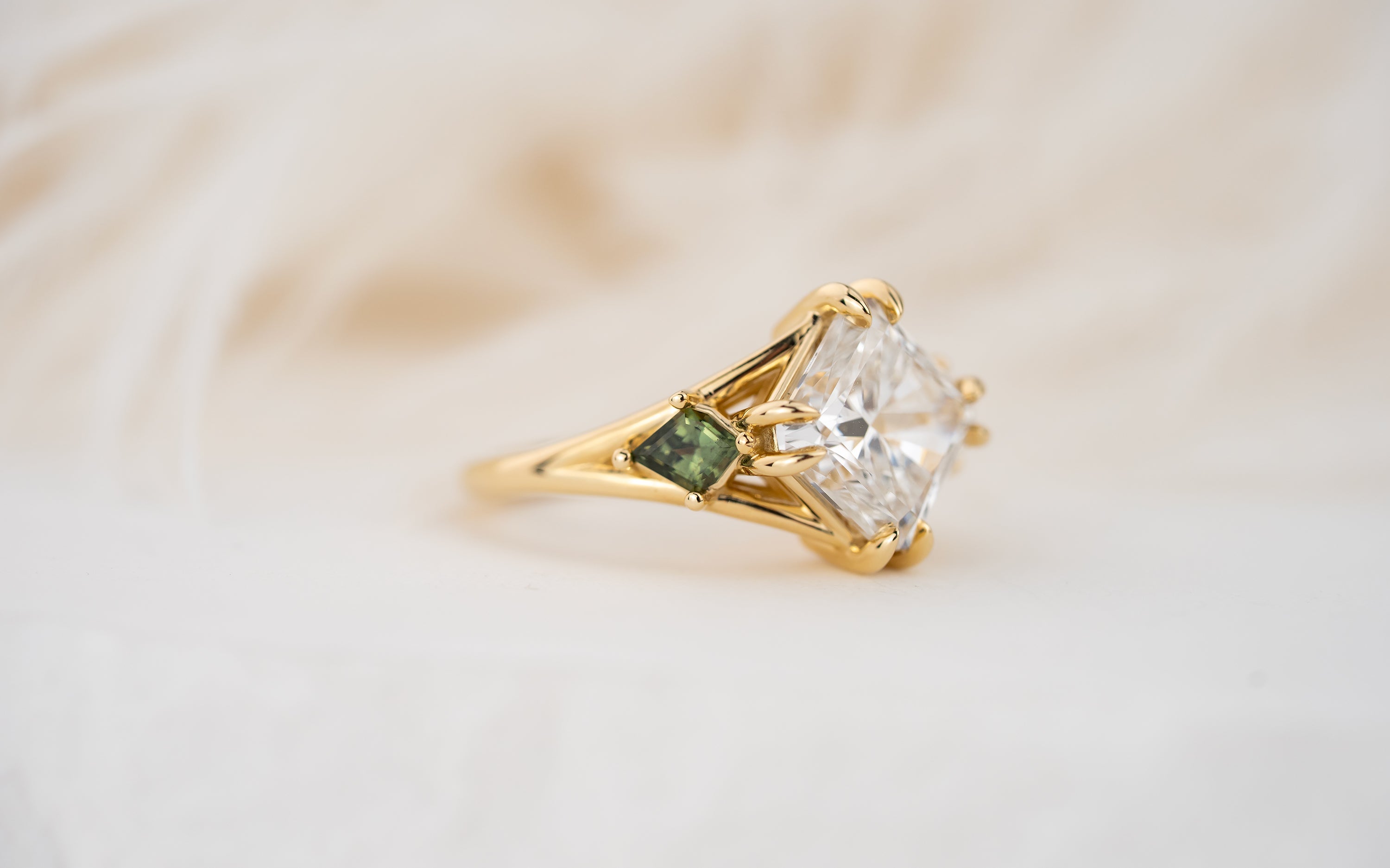 The Willow Ring | 4 CT Square Radiant Diamond + Kite Green Sapphire
