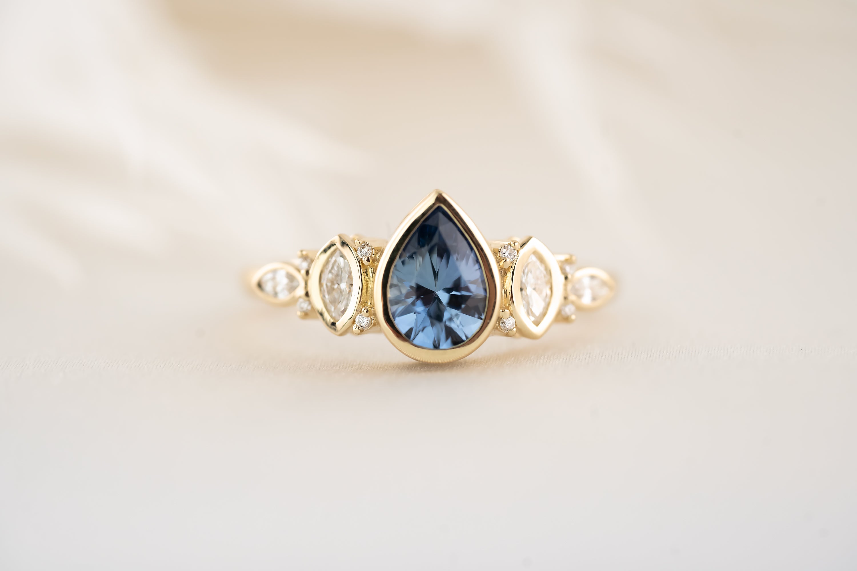 The Bezel Maeve Ring - 0.9 CT Pear Blue Sapphire - Lavender Creek Gems