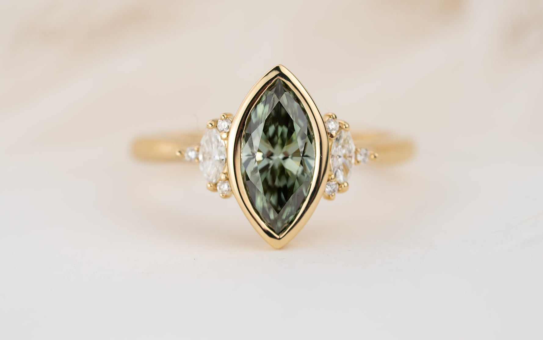 The Bezel Maren Ring | 1.1 CT Marquise Green Diamond - Lavender Creek Gems