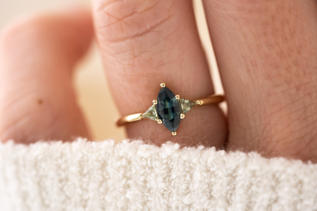 The Juniper Ring - 0.59 CT Marquise Blue Sapphire + Green Sapphire
