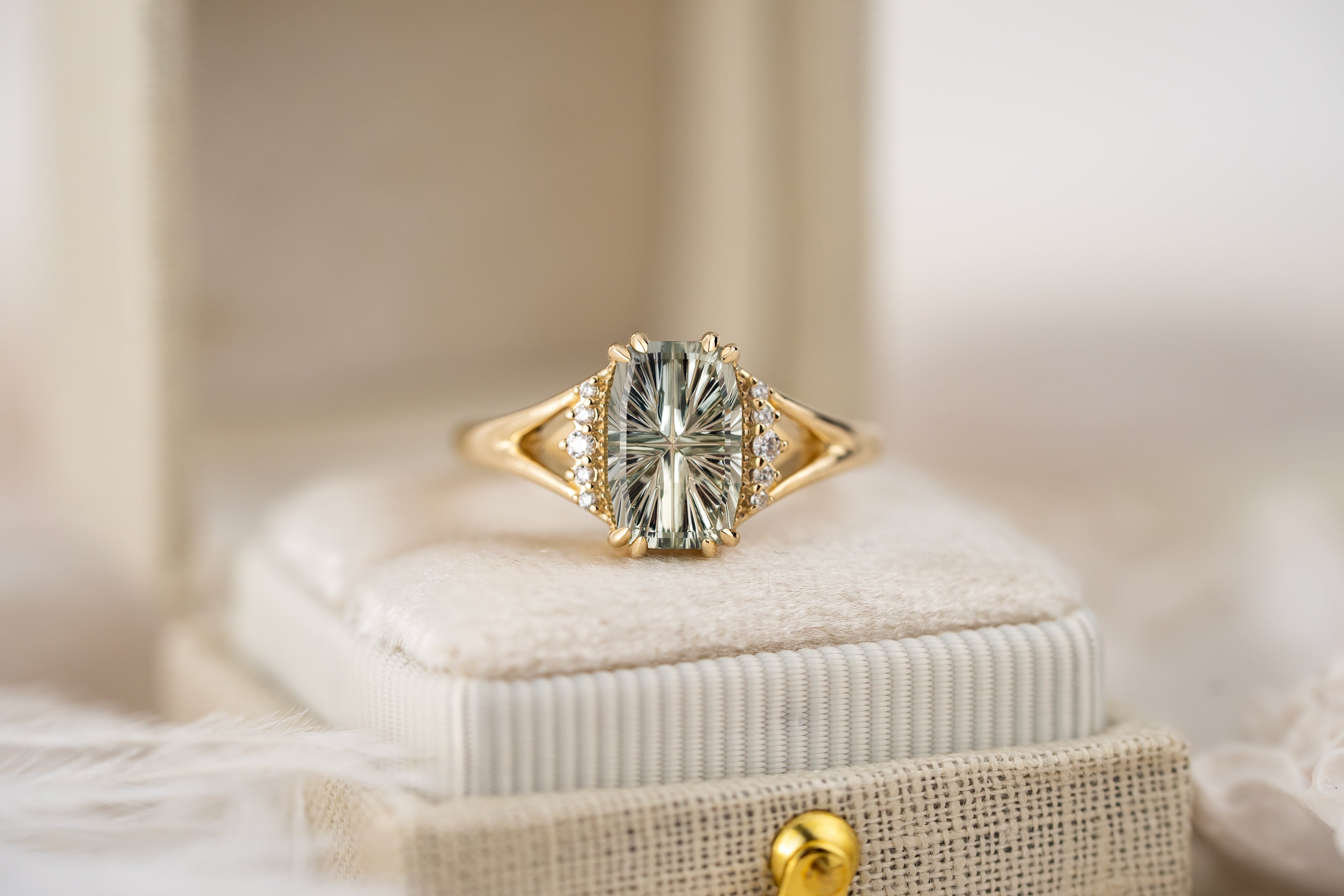The Serendipity Ring | 2.15 CT Elongated Cushion Starbrite™ Light Green Montana Sapphire