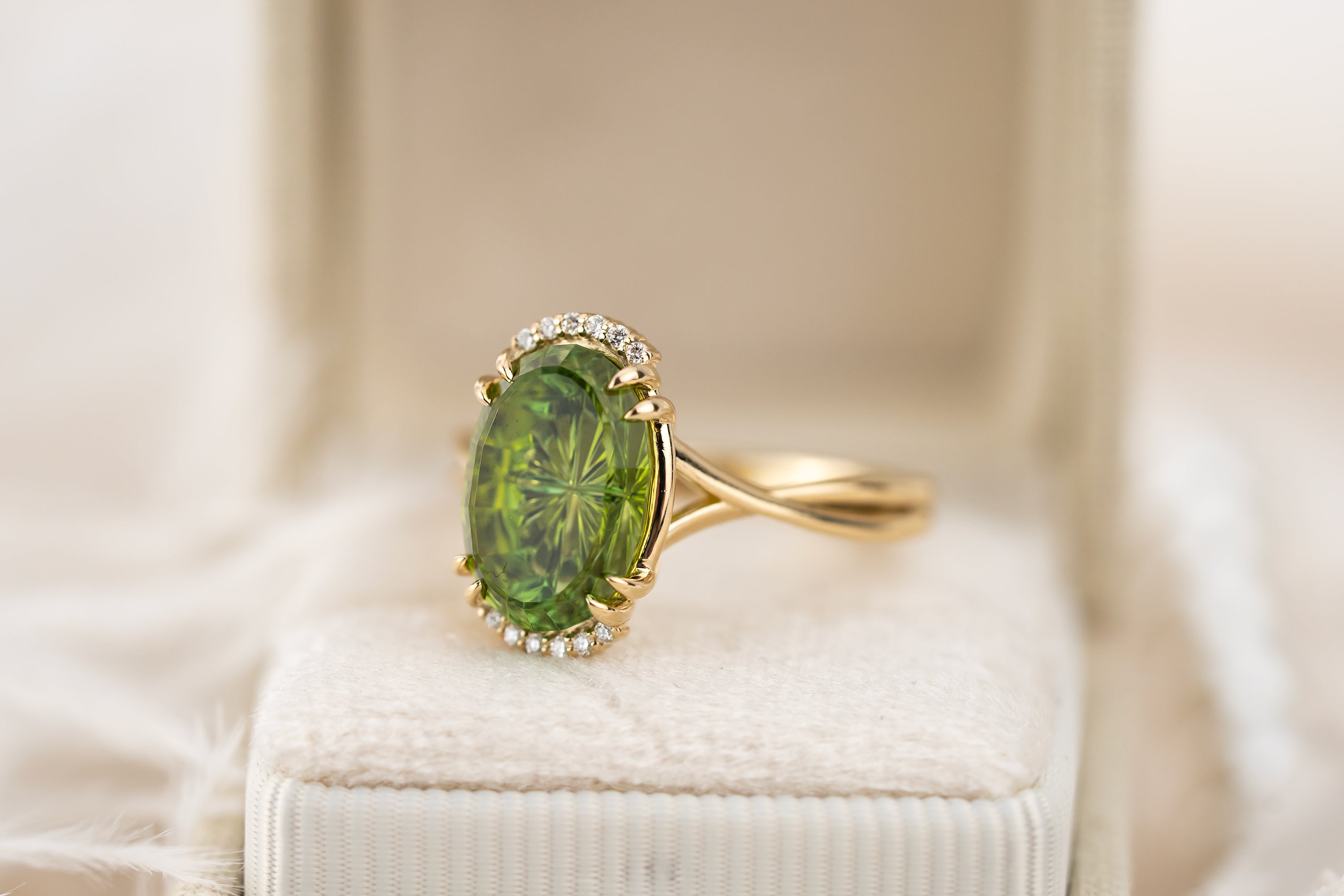 The Fates Ring - Half Halo | 4.35 Oval Starbrite™ Green Tourmaline