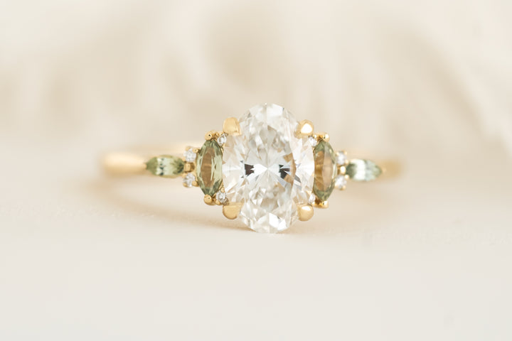 The Maeve Ring - 1.2 CT Oval Diamond + Green Sapphire