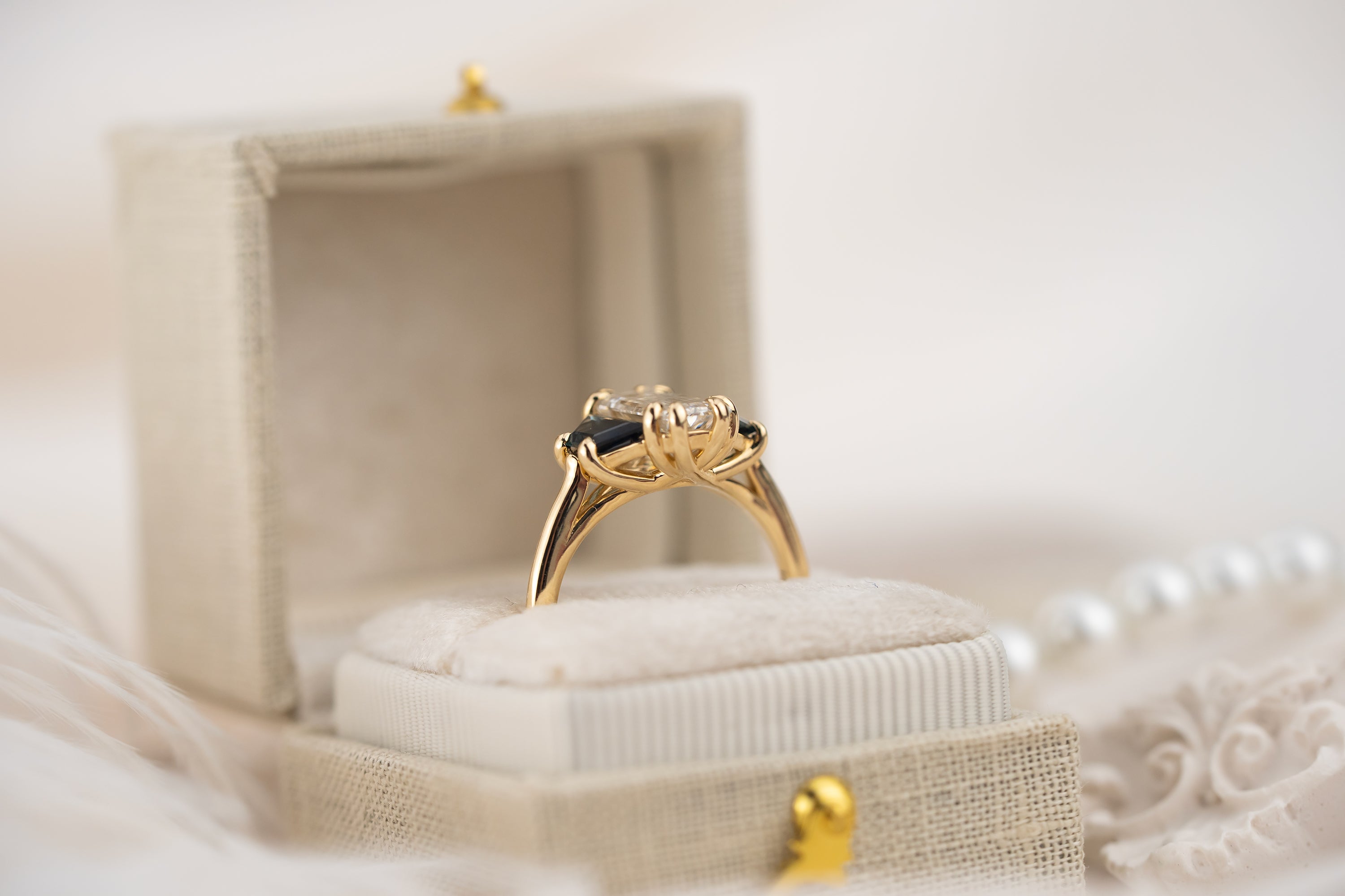 The Tria Ring | 1.67 CT Baguette Diamond + Teal Sapphire