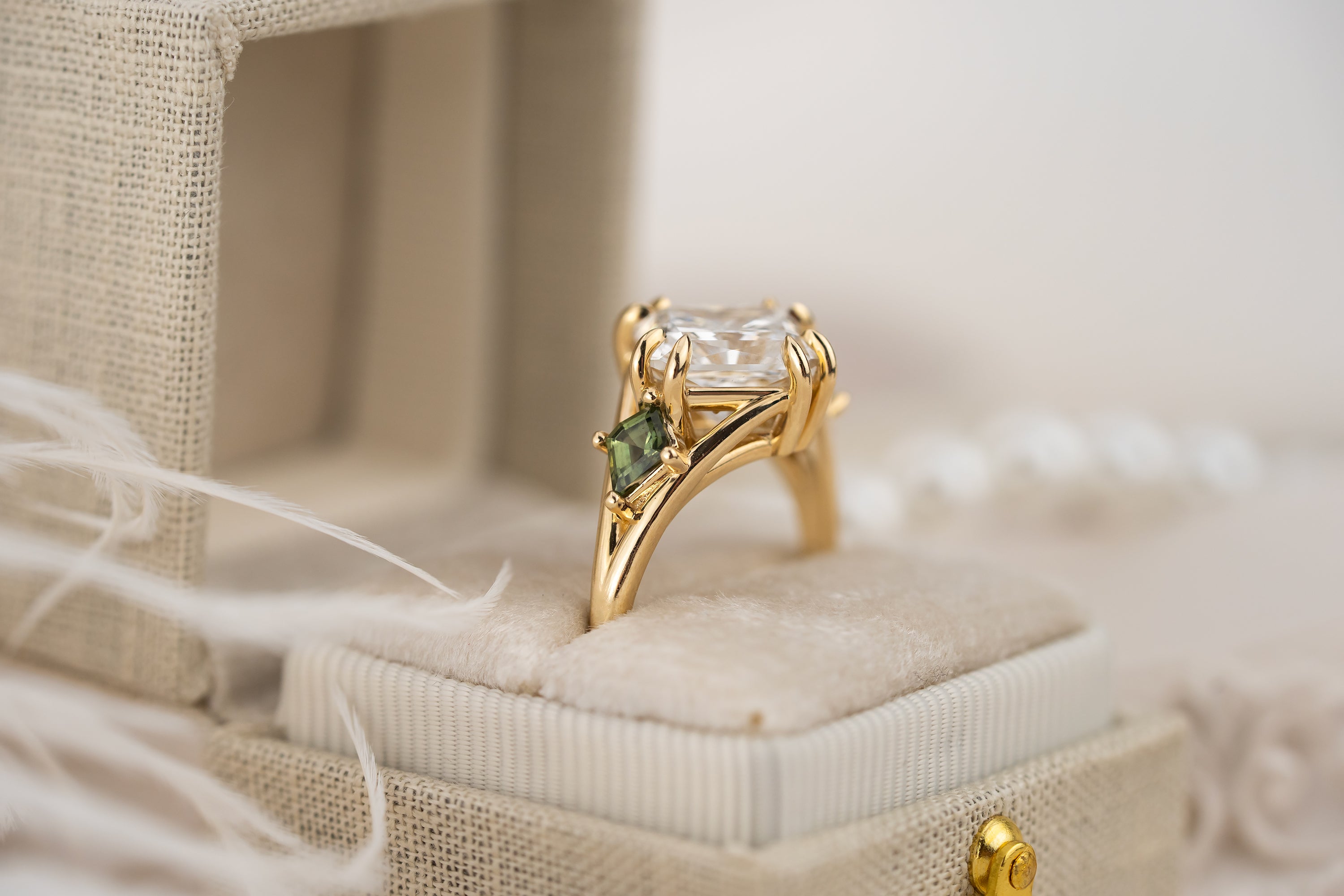 The Willow Ring | 4 CT Square Radiant Diamond + Kite Green Sapphire
