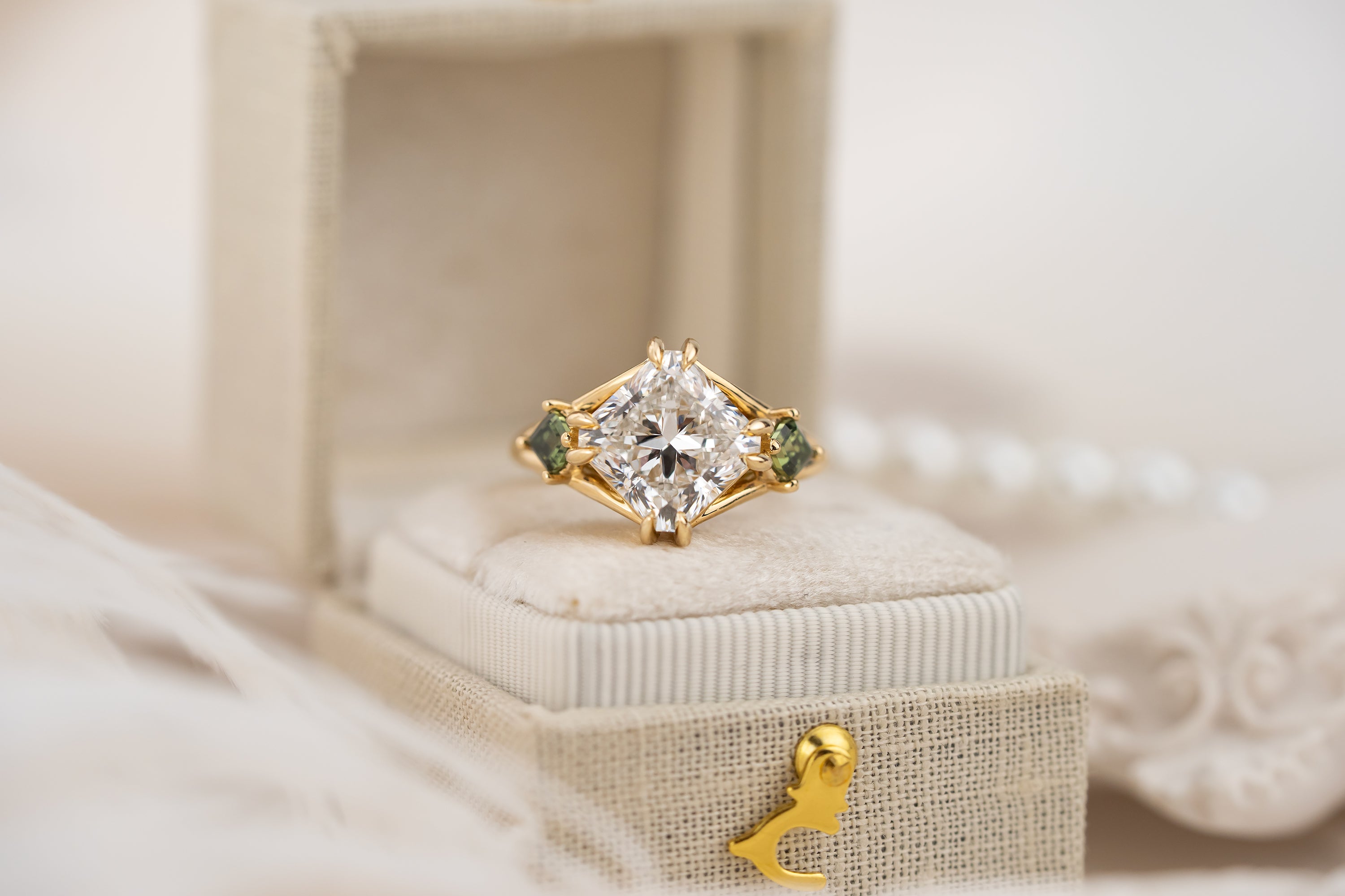 The Willow Ring | 4 CT Square Radiant Diamond + Kite Green Sapphire