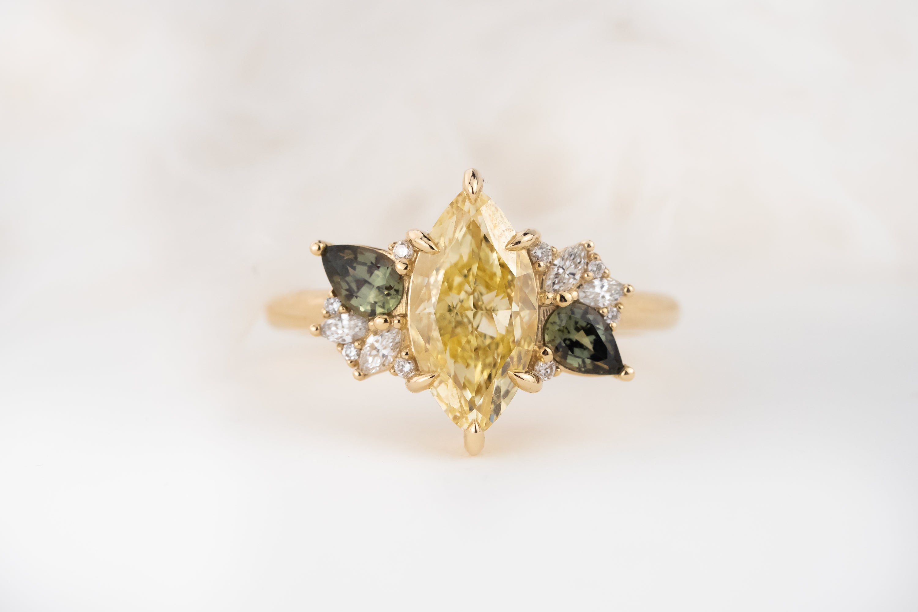 The Fleur Ring | 2.03 CT Marquise Yellow Diamond + Dark Green Sapphire - Lavender Creek Gems