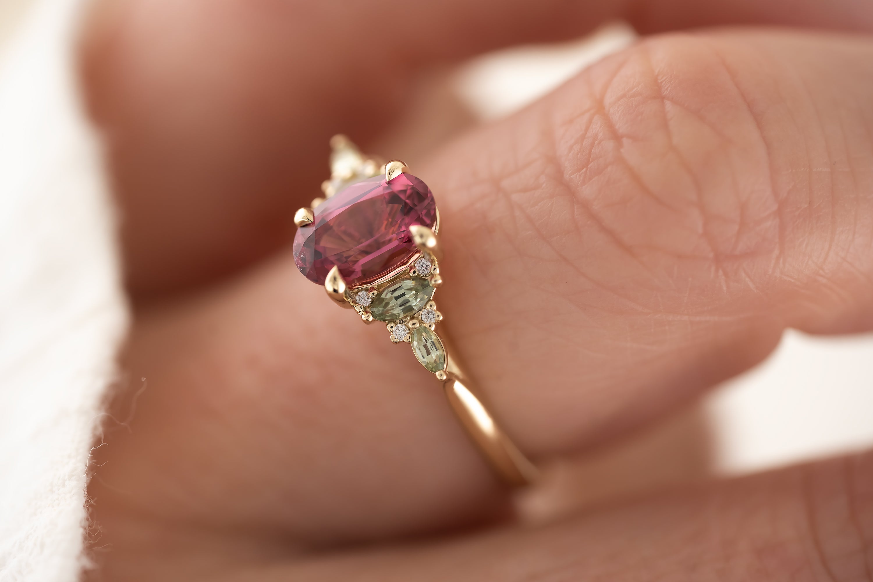 The Maeve Ring | 1.41 CT Pink Spinel + Green Sapphire - Lavender Creek Gems
