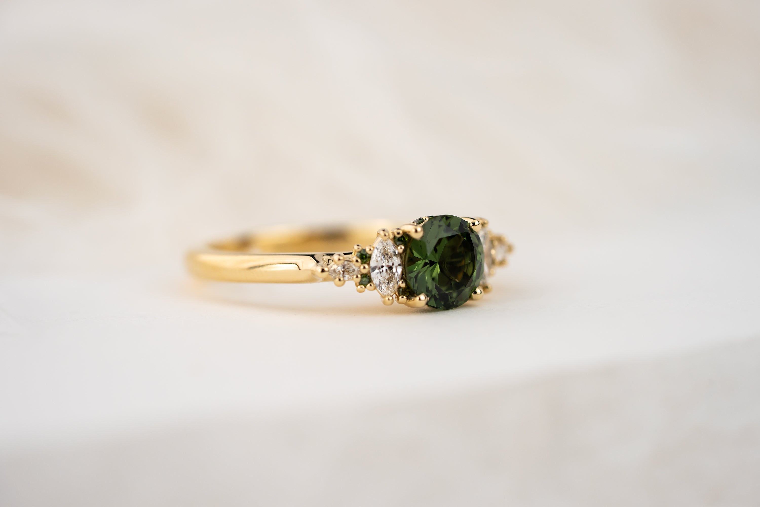 The Maeve Ring | 1.07 CT Round Green Sapphire + Dark Green Diamond Hidden Halo - Lavender Creek Gems