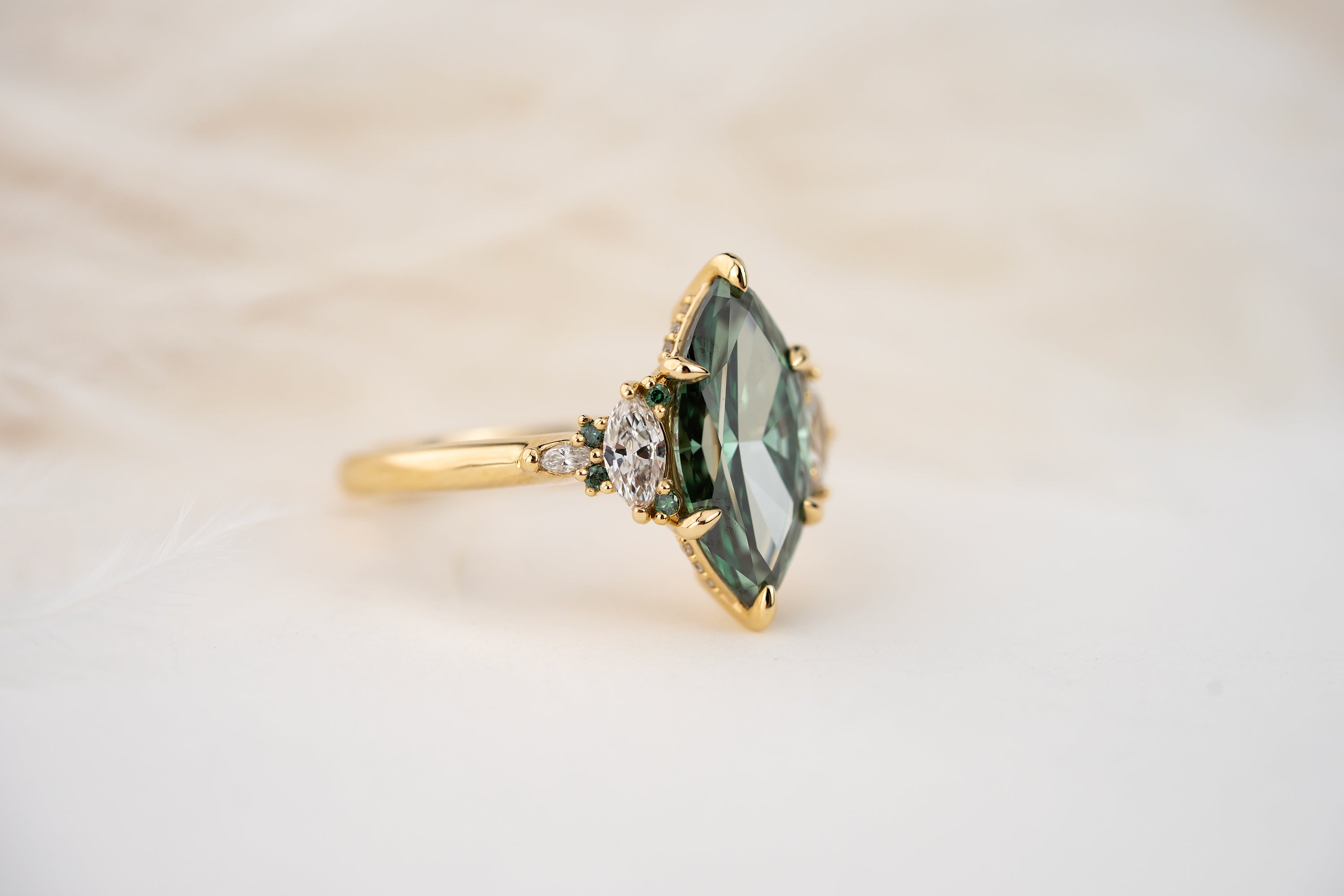 The Low Maeve Ring | 2.65 CT Marquise Green Diamond + Diamond Hidden Halo - Lavender Creek Gems