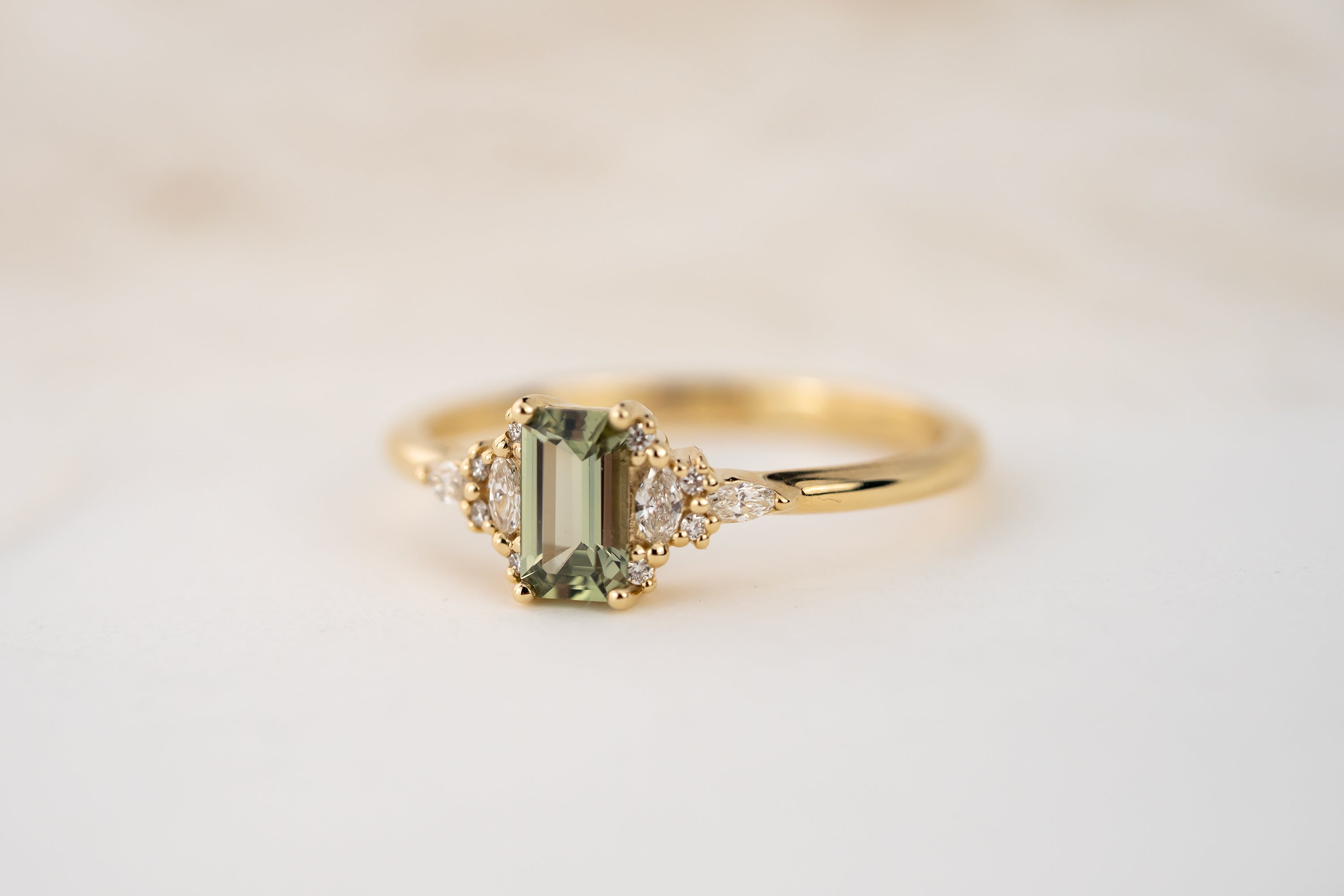 The Mini Maeve Ring | 0.54 CT Emerald Cut Light Green Sapphire - Lavender Creek Gems