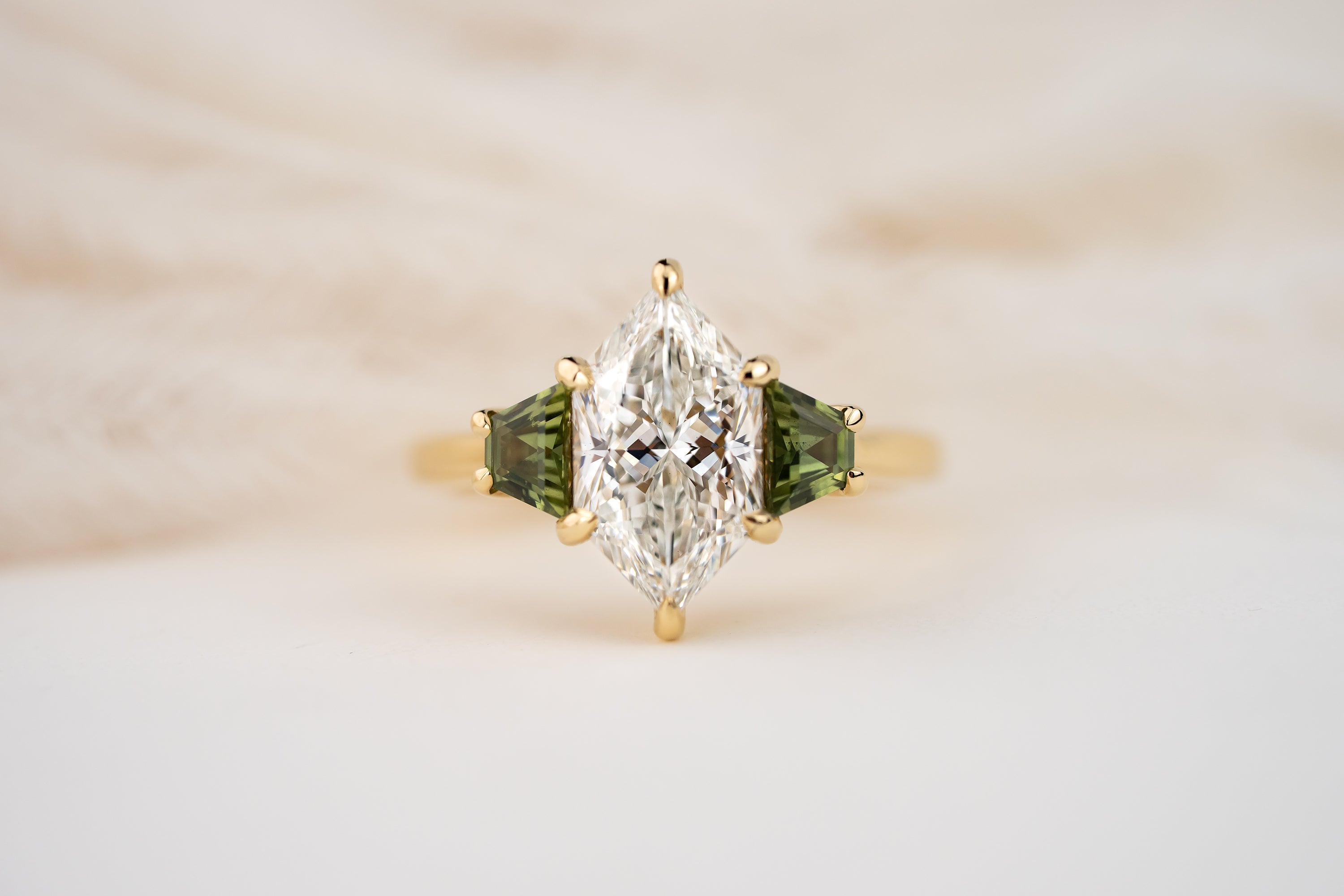 The Tria Ring | 2.4 CT Dutch Marquise Diamond + Green Sapphire - Lavender Creek Gems