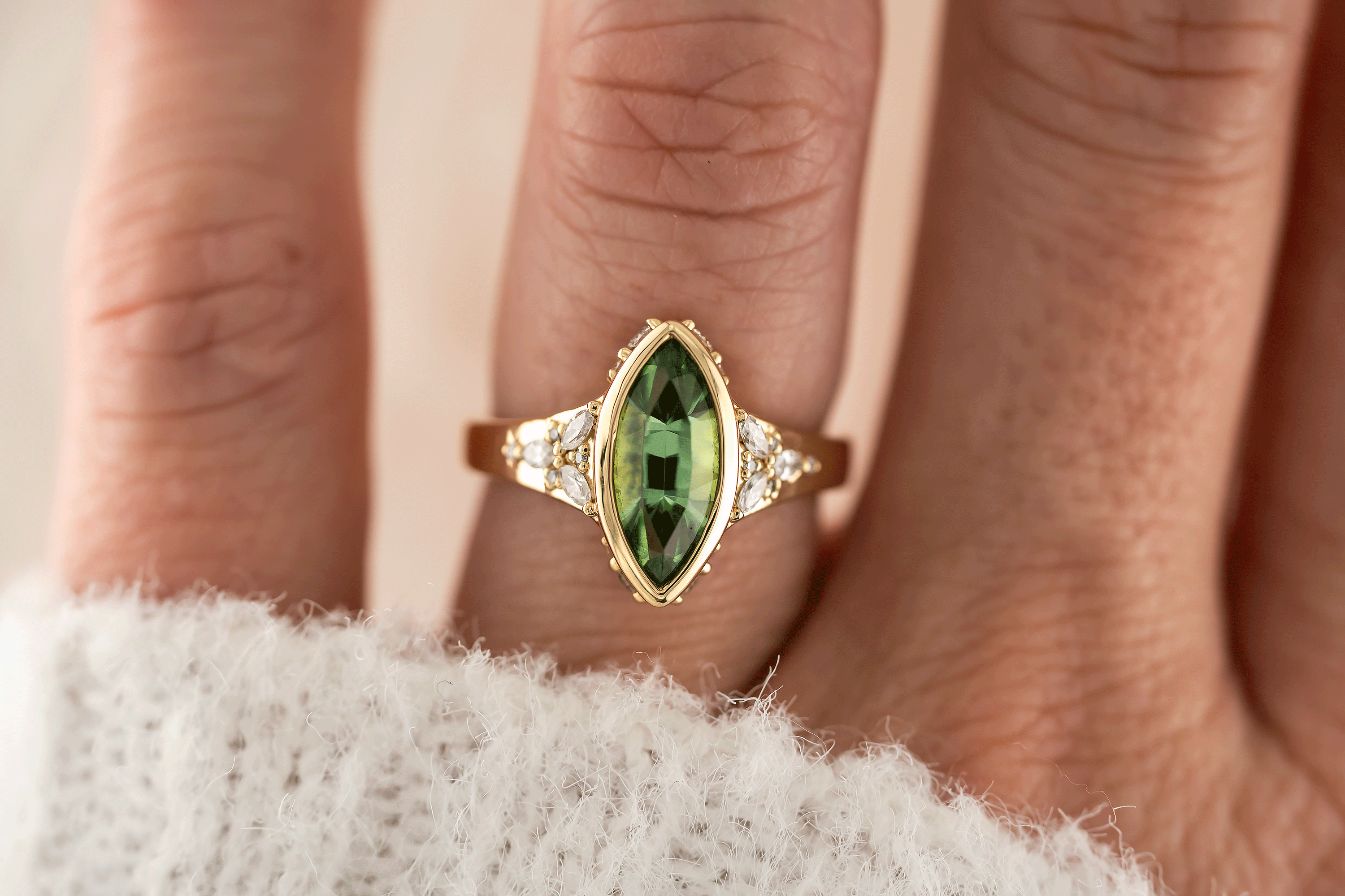 The Daylight Ring | 1.75 CT Marquise Vanadium Green Tourmaline - Lavender Creek Gems