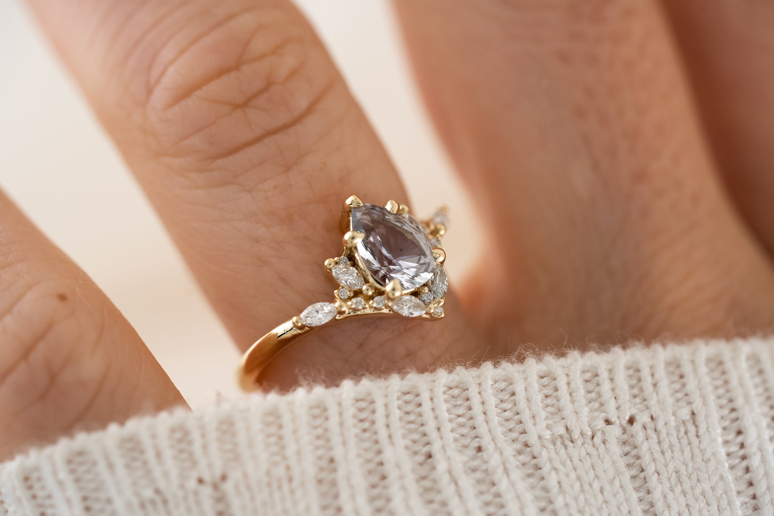 The Aurora Ring | 1.24 CT Pear Cut Pastel Gray/Blue Sapphire - Lavender Creek Gems