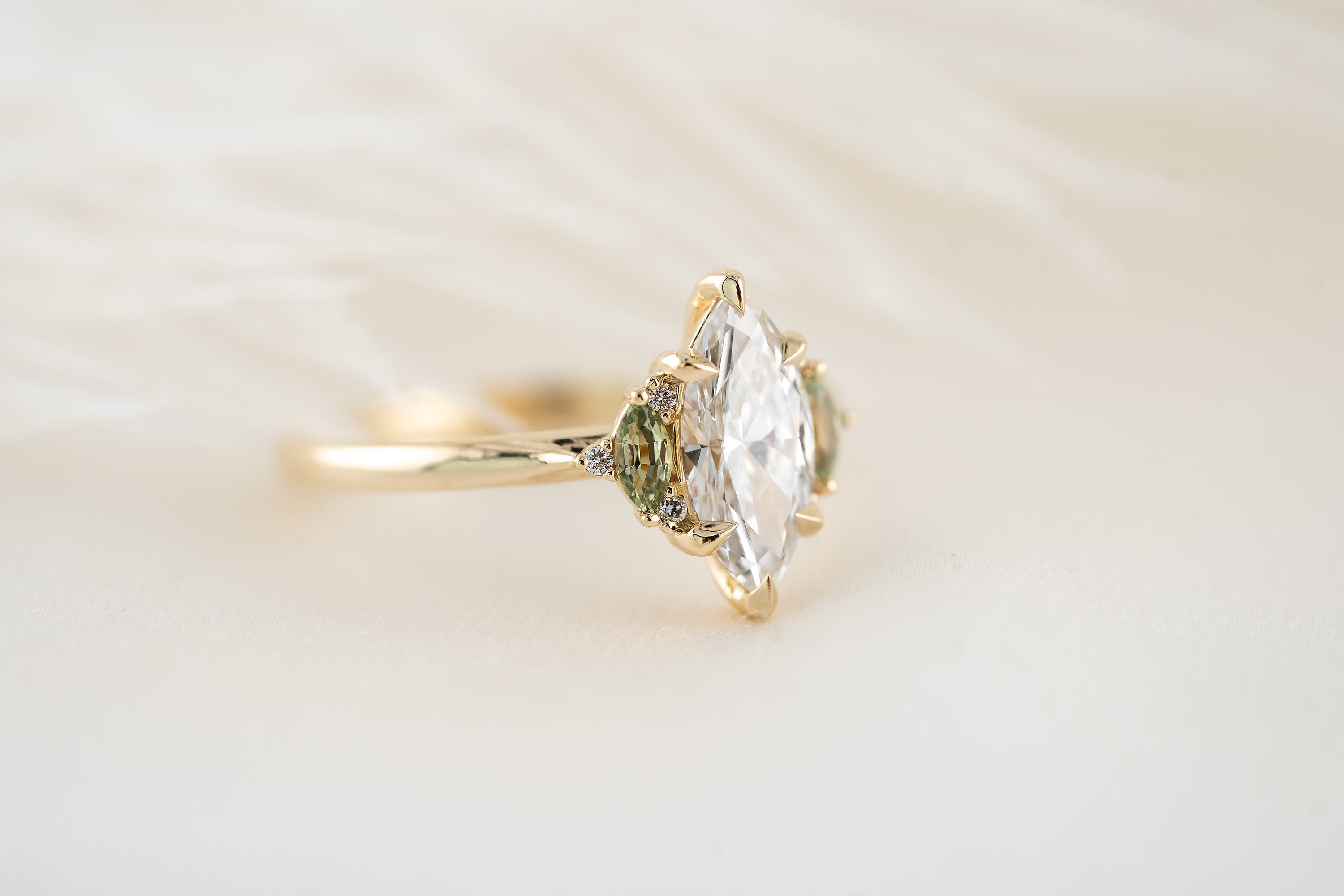The Maren Ring | 1.1 CT Marquise Diamond & Green Sapphire Accents - Lavender Creek Gems