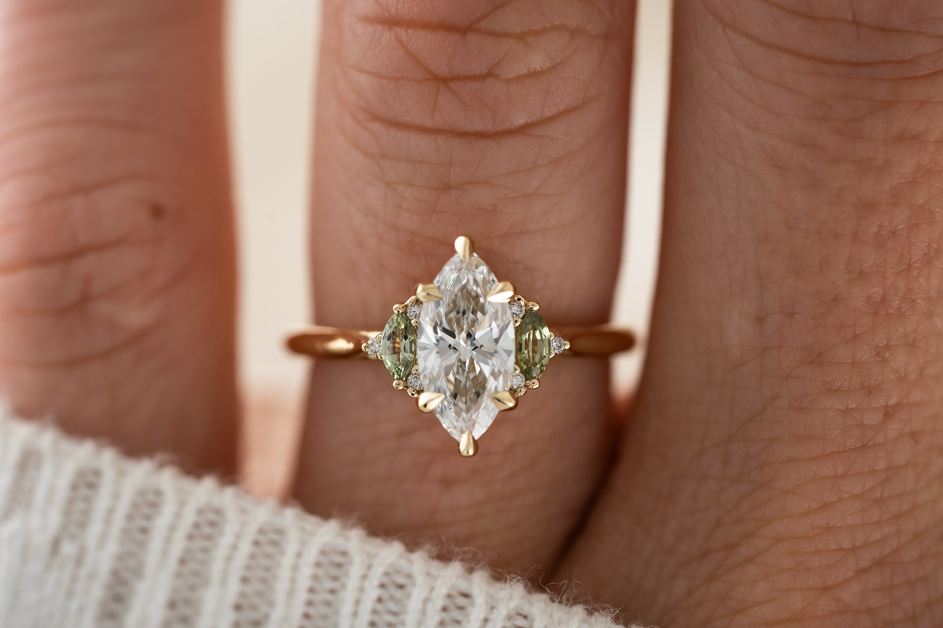 The Maren Ring | 1.1 CT Marquise Diamond & Green Sapphire Accents - Lavender Creek Gems