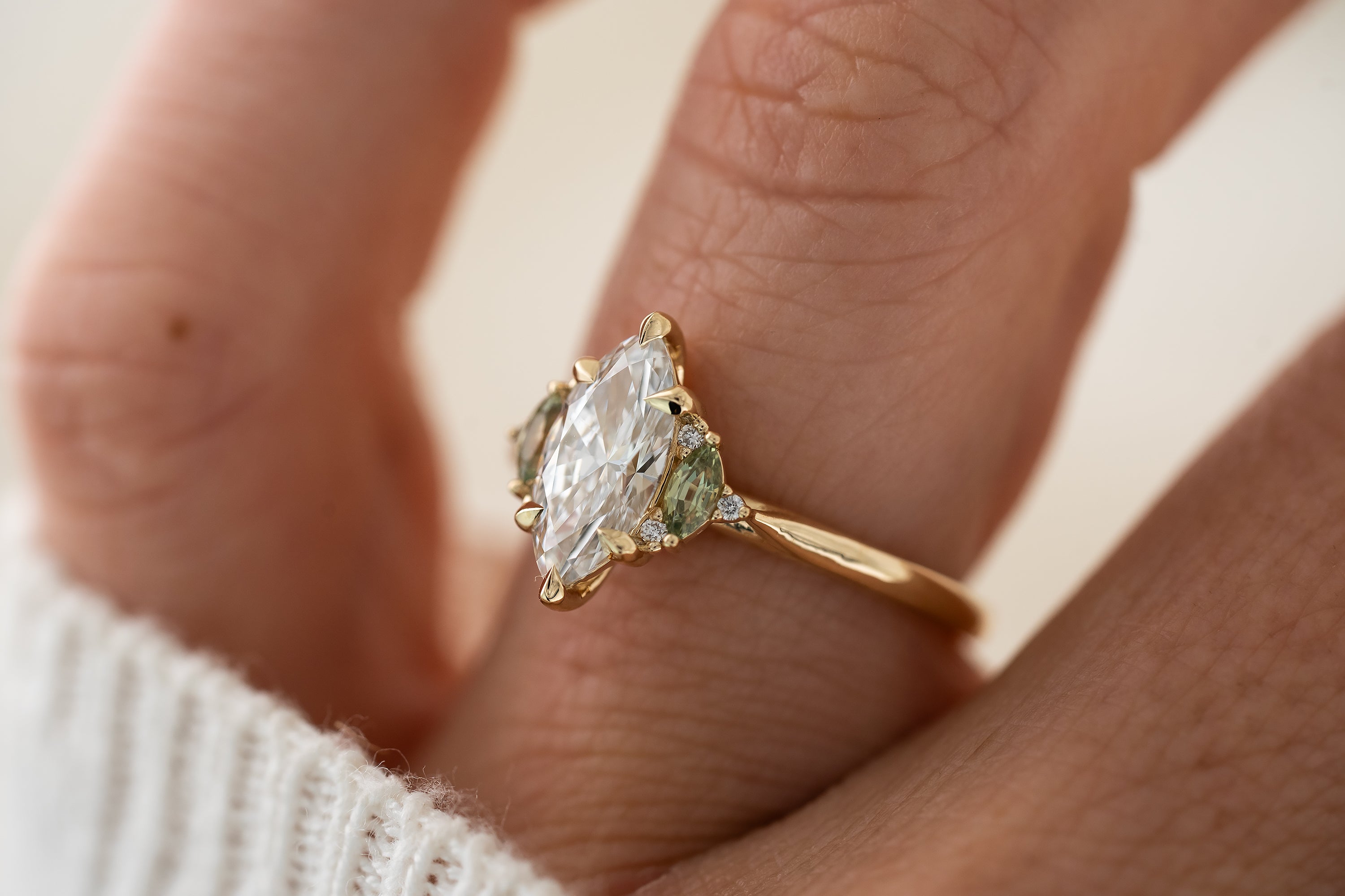 The Maren Ring | 1.1 CT Marquise Diamond & Green Sapphire Accents - Lavender Creek Gems