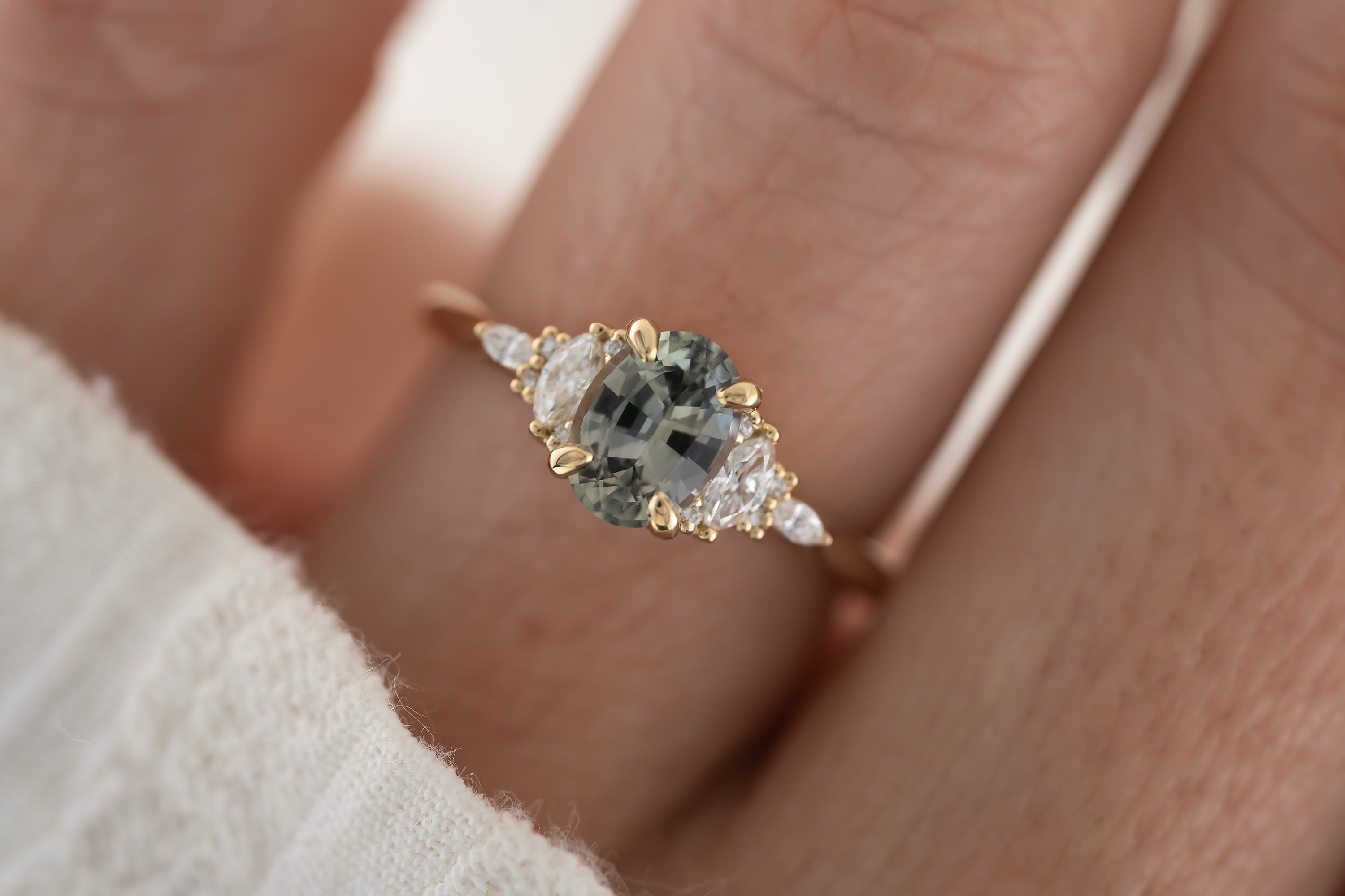 The Maeve Ring  - 1.2 CT Oval Steel Gray/Blue Green Sapphire - Lavender Creek Gems