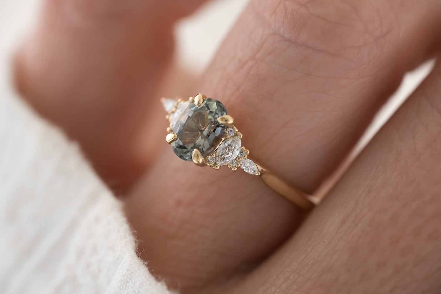 The Maeve Ring  - 1.2 CT Oval Steel Gray/Blue Green Sapphire - Lavender Creek Gems
